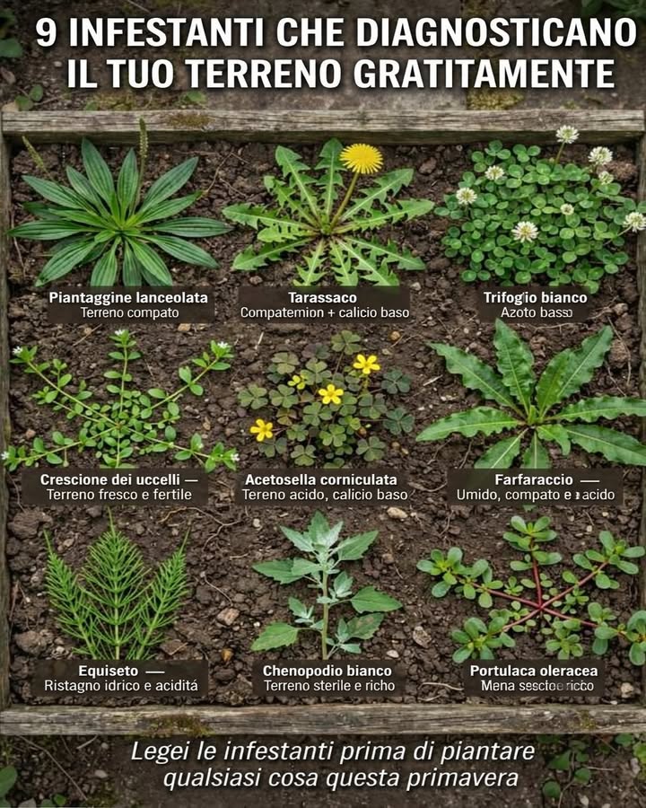 Le erbacce parlano: ascolta il tuo terreno

Le piante infestanti non sono solo un problema estetico: sono veri indicatori della salute del suolo. Osservarle permette di capire cosa manca o cosa è in eccesso nel terreno in modo naturale.

 Piantaggine lanceolata
Indica un terreno compatto. Il suolo ha bisogno di essere arieggiato per migliorare la circolazione di acqua e nutrienti.

 Tarassaco
Segnala compattazione e carenza di calcio. Le sue radici profonde aiutano a smuovere il terreno, ma è utile integrare minerali.

 Trifoglio bianco
Rivela un basso livello di azoto. È una pianta che arricchisce naturalmente il terreno, migliorandone la fertilità.

 Crescione dei uccelli
Indica un terreno fresco e fertile. È un buon segnale di equilibrio e vitalità del suolo.

 Acetosella corniculata
Mostra un terreno acido e povero di calcio. Una leggera correzione del pH può ristabilire lequilibrio.

 Farfaraccio
Segnala umidità eccessiva e compattazione. Il drenaggio del suolo è fondamentale per evitare ristagni.

 Equiseto
Indica ristagno idrico e acidità. È spesso presente in terreni poco drenati e ricchi di umidità.

 Chenopodio bianco
Rivela un terreno ricco ma poco equilibrato. Può indicare eccessi di nutrienti non ben assimilati.

 Portulaca oleracea
Indica un terreno ricco ma secco. Migliorare lirrigazione aiuta a ristabilire le condizioni ideali.

Imparare a leggere le erbacce permette di intervenire in modo mirato e naturale, migliorando la qualità del terreno e favorendo una crescita più sana delle colture.