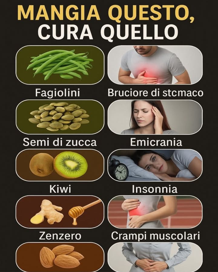 Mangia bene, stai meglio 
Lalimentazione quotidiana può aiutare a sostenere il benessere del corpo in modo naturale. Alcuni cibi, inseriti con equilibrio, contribuiscono ad alleviare piccoli disturbi comuni.
塞 Fagiolini
Ricchi di fibre e leggeri, favoriscono una buona digestione e aiutano a ridurre il bruciore di stomaco.
 Semi di zucca
Fonte naturale di magnesio e acidi grassi, possono sostenere lequilibrio del sistema nervoso e aiutare in caso di emicrania.
諾 Kiwi
Grazie alla presenza di serotonina e vitamina C, è utile per favorire il rilassamento e migliorare la qualità del sonno.
 Zenzero
Conosciuto per le sue proprietà antinfiammatorie, contribuisce ad alleviare tensioni e crampi muscolari.
 Mandorle
Ricche di minerali essenziali, supportano il benessere muscolare e aiutano a contrastare stanchezza e tensioni.
Unalimentazione varia e consapevole è un valido alleato per il benessere quotidiano, aiutando il corpo a ritrovare equilibrio in modo semplice e naturale.