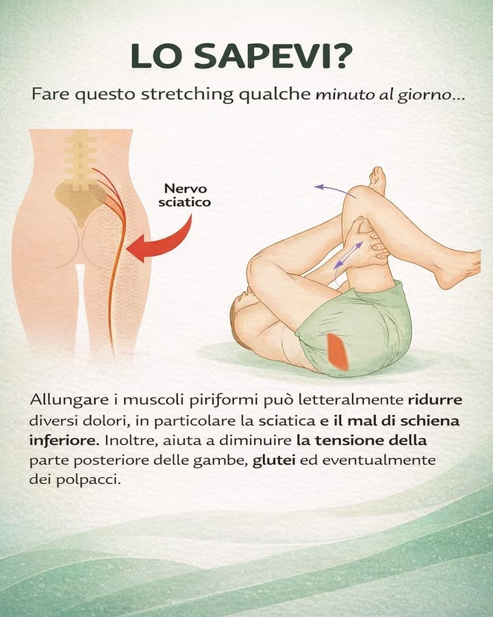 律 Stretching e sollievo quotidiano

Anche pochi minuti di stretching al giorno possono aiutare il corpo a sentirsi più sciolto e meno contratto. Alcuni movimenti mirati, soprattutto nella zona dei glutei e del bacino, possono contribuire ad alleggerire tensioni che si riflettono sulla parte bassa della schiena e sulle gambe.

例 Allunga i muscoli in profondità
Lo stretching dei muscoli piriformi può aiutare a ridurre la rigidità nella zona del bacino e dei glutei. Quando questa area è meno tesa, anche il movimento risulta più fluido e naturale.

 Riduci la tensione sul nervo sciatico
In presenza di molta tensione muscolare, il fastidio può irradiarsi verso la parte posteriore della gamba. Un allungamento eseguito con calma può favorire una sensazione di maggiore sollievo e leggerezza.

 Dai sollievo alla zona lombare
La parte bassa della schiena tende spesso ad accumulare stress e rigidità. Inserire questo tipo di stretching nella routine quotidiana può aiutare a percepire meno carico e più comfort nei movimenti.

 Rilassa glutei e parte posteriore delle gambe
Questo esercizio coinvolge aree che spesso restano contratte, soprattutto dopo molte ore seduti. Sciogliere glutei, posteriori della coscia e, in alcuni casi, anche i polpacci può migliorare la sensazione generale di benessere.

 La costanza conta più della durata
Non servono allenamenti lunghi per ottenere benefici percepibili. Anche pochi minuti praticati con regolarità possono rendere il corpo più mobile, più rilassato e meno affaticato.

Il corpo risponde bene ai gesti semplici ripetuti con continuità. Uno stretching mirato e regolare può aiutare a ritrovare più comfort, più mobilità e una piacevole sensazione di sollievo nella vita di tutti i giorni.