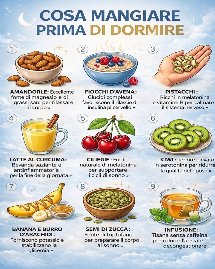Cibi leggeri per dormire meglio

Quello che si mangia la sera può influenzare la qualità del riposo più di quanto si pensi. Alcuni alimenti, scelti nelle giuste quantità, aiutano il corpo a rilassarsi e a prepararsi al sonno in modo naturale.

樂 Mandorle
Sono una buona fonte di magnesio e grassi sani, utili per favorire il rilassamento e dare un senso di sazietà senza appesantire.

北 Fiocchi davena
I carboidrati complessi aiutano a mantenere più stabile lenergia e rappresentano una scelta semplice e delicata nelle ore serali.

 Pistacchi
Ricchi di nutrienti preziosi, possono essere uno spuntino pratico e bilanciato quando si desidera qualcosa di leggero prima di andare a letto.

拏 Latte al curcuma
Una bevanda calda e confortevole, ideale per concludere la giornata con una sensazione di calma e benessere.

 Ciliegie
Sono spesso associate alla routine serale grazie alle loro proprietà naturali e al loro gusto piacevole, perfetto per uno snack moderato.

諾 Kiwi
Fresco, leggero e facile da inserire nella cena o nello spuntino serale, aiuta a mantenere il pasto semplice e digeribile.

 Banana con burro darachidi
Labbinamento tra carboidrati e grassi buoni offre equilibrio e può aiutare a evitare cali di energia durante la notte.

 Semi di zucca
Piccoli ma nutrienti, sono una scelta pratica per aggiungere varietà e sostegno nutrizionale alla routine della sera.

 Tisana senza caffeina
Una soluzione classica e sempre piacevole per accompagnare il rilassamento e creare un momento tranquillo prima del riposo.

Scegliere alimenti semplici, leggeri e adatti alla sera può rendere la routine notturna più equilibrata. Con piccole attenzioni quotidiane, anche il momento prima di dormire diventa più sereno e confortevole.