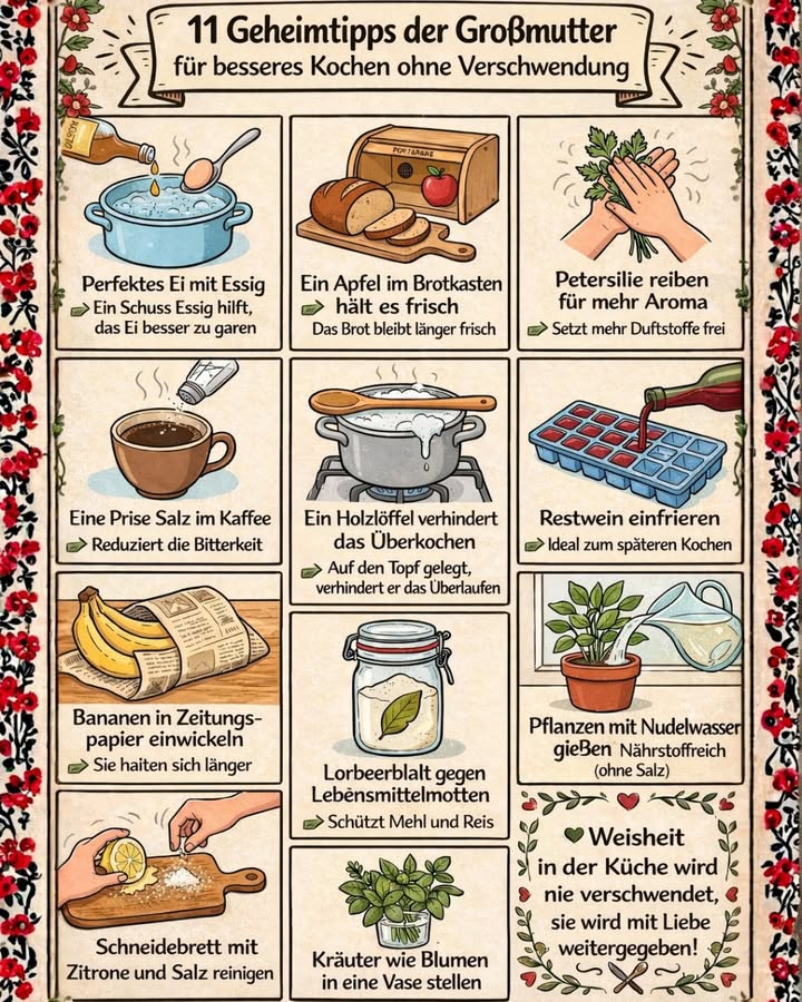 11 Geheimtipps der Großmutter  clever kochen ohne Verschwendung! 

Unsere Großmütter wussten genau, wie man mit einfachen Tricks besser kocht, Lebensmittel spart und nichts verschwendet.
Keine komplizierten Rezepte  nur gesunder Menschenverstand, Erfahrung und Liebe zur Küche 

 In dieser Grafik findest du u. a.:
讀 Wie ein Schuss Essig das perfekte Ei ergibt
 Warum ein Apfel im Brotkasten Wunder wirkt
 Den überraschenden Trick gegen bitteren Kaffee
籠 Wie ein Holzlöffel das Überkochen verhindert
 Warum man Restwein niemals wegschütten sollte
 Wie Nudelwasser deinen Pflanzen guttut
 Wie Bananen länger frisch bleiben
 Natürliche Methoden gegen Lebensmittelmotten

 Diese kleinen Alltagskniffe sparen Geld, Zeit und Lebensmittel  und funktionieren seit Generationen!

 Weisheit in der Küche wird nie verschwendet  sie wird mit Liebe weitergegeben.
