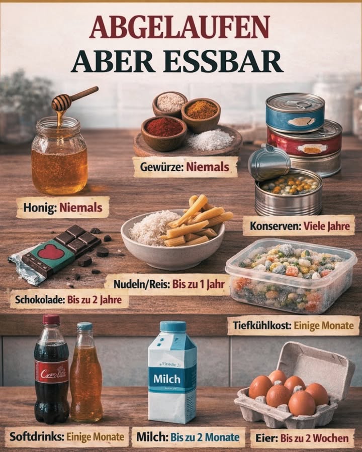 Abgelaufen  aber oft noch essbar! 

Das Mindesthaltbarkeitsdatum MHD bedeutet nicht automatisch, dass ein Lebensmittel schlecht ist.
Viele Produkte sind auch nach Ablauf noch genießbar, wenn sie richtig gelagert wurden und normal aussehen, riechen und schmecken.

 Honig  niemals schlecht
Honig verdirbt praktisch nicht. Er kann kristallisieren, bleibt aber essbar.

 Gewürze  niemals gefährlich
Sie verlieren mit der Zeit Aroma, sind aber nicht gesundheitsschädlich.

參 Konserven  viele Jahre haltbar
Solange die Dose unbeschädigt ist nicht aufgebläht oder rostig, sind sie oft lange genießbar.

 Schokolade  bis zu 2 Jahre
Weiße Flecken sind meist Fett- oder Zuckerkristalle  harmlos.

 Nudeln & Reis  bis zu 1 Jahr
Trocken und gut verschlossen halten sie sehr lange.

 Tiefkühlkost  mehrere Monate
Qualität kann nachlassen, aber meist noch essbar.

磻 Softdrinks  einige Monate
Geschmack kann sich ändern, ist aber oft unproblematisch.

拏 Milch  bis zu 2 Monate ungeöffnet
Geruchstest ist hier entscheidend.

讀 Eier  bis zu 2 Wochen nach MHD
Kühl lagern und den Wassertest machen sinkt = gut.