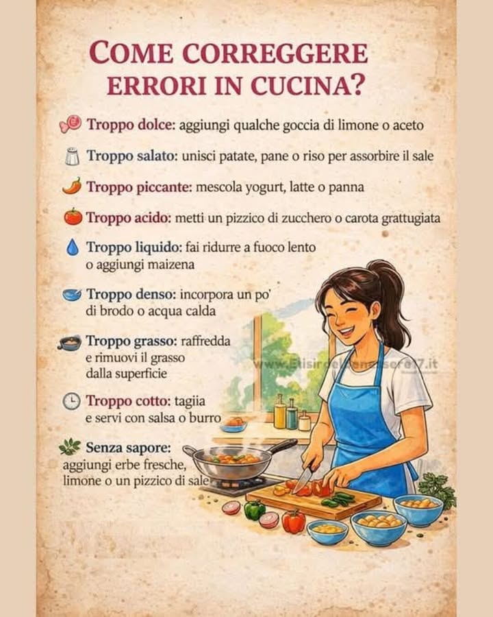 Errori in cucina? Soluzioni semplici e intelligenti 
In cucina può capitare a tutti di sbagliare una dose o un tempo di cottura. Con piccoli accorgimenti pratici, però, è possibile riequilibrare i piatti e salvare il risultato finale.
 Troppo dolce
Aggiungere qualche goccia di limone o di aceto aiuta a bilanciare leccesso di zucchero e rende il sapore più armonioso.
蓼 Troppo salato
Unire patate, pane o riso permette di assorbire parte del sale in eccesso in modo naturale.
 Troppo piccante
Mescolare yogurt, latte o panna attenua la sensazione di piccantezza e rende il piatto più delicato.
 Troppo acido
Un pizzico di zucchero o della carota grattugiata aiutano a smorzare lacidità senza coprire il gusto.
 Troppo liquido
Lasciare ridurre a fuoco lento oppure aggiungere un po di maizena consente di ottenere una consistenza più equilibrata.
北 Troppo denso
Incorporare gradualmente brodo o acqua calda aiuta a rendere il piatto più fluido e gradevole.
肋 Troppo grasso
Raffreddare la preparazione e rimuovere il grasso in superficie permette di alleggerire il risultato finale.
 Troppo cotto
Tagliare e servire con una salsa o un po di burro aiuta a restituire morbidezza e gusto.
 Senza sapore
Erbe fresche, qualche goccia di limone o un pizzico di sale possono ravvivare il piatto in modo semplice.
In cucina ogni errore può trasformarsi in unopportunità di miglioramento. Con attenzione e piccoli gesti, anche un imprevisto può diventare un ottimo risultato.