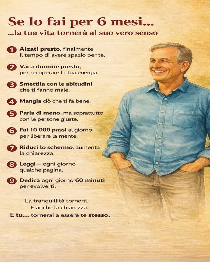 Per 6 mesi, cambia le tue abitudini
La qualità della vita dipende dalle scelte quotidiane, ripetute con costanza. Sei mesi possono essere sufficienti per ritrovare equilibrio, energia e chiarezza mentale.
 Alzati presto
Iniziare la giornata prima degli altri regala tempo prezioso per te stesso, senza fretta e distrazioni.
 Vai a dormire presto
Un sonno regolare aiuta a recuperare energie e migliora concentrazione e umore.
 Lascia le abitudini che ti fanno male
Ridurre comportamenti dannosi libera spazio per scelte più sane e consapevoli.
綾 Mangia ciò che ti fa bene
Unalimentazione equilibrata sostiene il corpo e influisce positivamente anche sulla mente.
 Parla di meno, scegli meglio con chi farlo
Comunicare con le persone giuste favorisce relazioni più autentiche e costruttive.
 Fai 10.000 passi al giorno
Camminare quotidianamente aiuta a liberare la mente e a mantenere il corpo attivo.
 Riduci il tempo davanti allo schermo
Limitare le distrazioni digitali aumenta la concentrazione e la qualità del tempo vissuto.
 Leggi ogni giorno qualche pagina
La lettura stimola la mente e favorisce crescita personale continua.
易 Dedica 60 minuti al tuo miglioramento
Unora al giorno per imparare, riflettere o allenarti crea progressi concreti nel tempo.
Con disciplina e semplicità, la tranquillità può tornare a far parte della quotidianità. Piccoli gesti ripetuti ogni giorno costruiscono una versione più consapevole e autentica di sé.