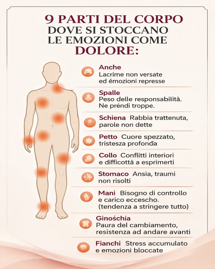 Emozioni e corpo: dove si manifestano 易
Il corpo e la mente sono profondamente collegati. Tensioni emotive non espresse possono riflettersi in fastidi fisici, diventando segnali da ascoltare con maggiore consapevolezza.
 Orecchie
Possono rappresentare lacrime non versate ed emozioni represse. Ignorare ciò che si prova può trasformarsi in tensione interna.
留 Spalle
Spesso associate al peso delle responsabilità. Accumulare troppi carichi può tradursi in rigidità e dolore.
領 Schiena
Collegata simbolicamente alla rabbia trattenuta e alle parole non dette. Le tensioni emotive possono irrigidire la postura.
 Petto
Zona legata al cuore e alla tristezza profonda. Delusioni e ferite emotive possono farsi sentire come oppressione.
泥 Collo
Rappresenta conflitti interiori e difficoltà nellesprimersi. La tensione può accumularsi quando si trattengono pensieri e opinioni.
 Stomaco
Spesso coinvolto in situazioni di ansia e stress. Emozioni intense possono influenzare direttamente la digestione.
 Mani
Simbolo del bisogno di controllo e del trattenere troppo. Stringere eccessivamente può riflettere tensione emotiva.
例 Ginocchia
Associate alla paura del cambiamento e alla resistenza ad andare avanti. Le rigidità possono indicare difficoltà ad adattarsi.
 Fianchi
Area collegata allo stress accumulato e alle emozioni bloccate nel tempo.
Ascoltare il corpo significa imparare a riconoscere i segnali che invia. Integrare consapevolezza emotiva e cura fisica favorisce equilibrio, benessere e una maggiore armonia interiore.
