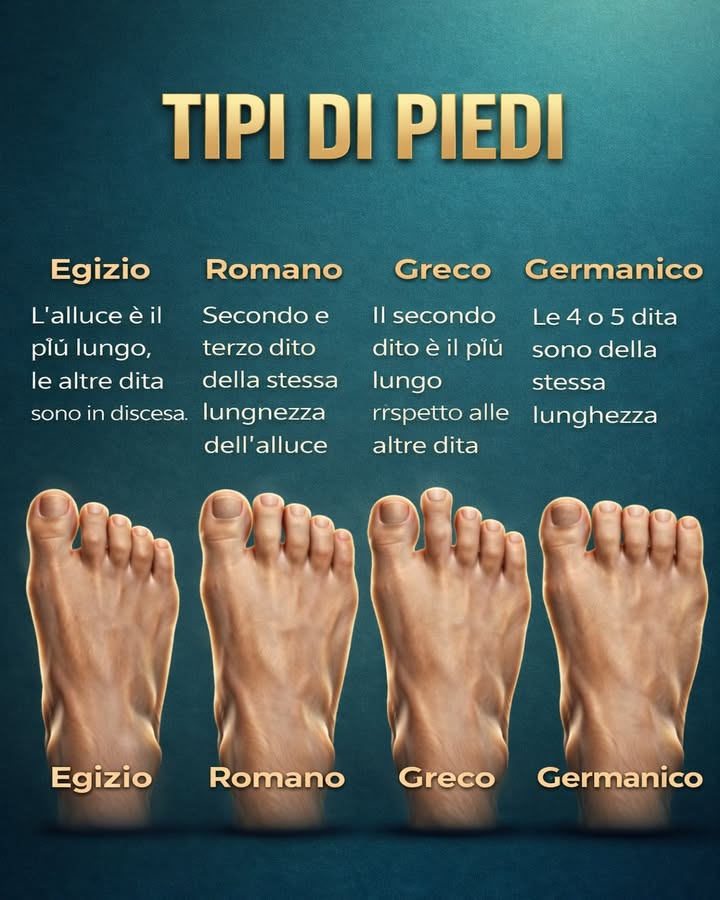 禮 Tipi di piedi: cosa sapere 

La forma dei piedi varia da persona a persona ed è legata a caratteristiche naturali della struttura del corpo. Conoscerle aiuta a scegliere meglio scarpe e a prendersi cura del proprio benessere quotidiano.

 Piede egizio
Lalluce è il dito più lungo e gli altri decrescono gradualmente. Questa forma è molto comune e si adatta bene a scarpe con punta leggermente affusolata.

 Piede romano
Il primo, secondo e terzo dito hanno lunghezza simile. Offre una buona stabilità e si adatta facilmente a diversi tipi di calzature.

 Piede greco
Il secondo dito è più lungo dellalluce. È importante scegliere scarpe con spazio sufficiente davanti per evitare pressioni e fastidi.

 Piede germanico
Le prime dita hanno lunghezza simile, creando una linea più uniforme. Questo tipo richiede scarpe con punta ampia per garantire comfort.

Ogni piede è unico e merita attenzione: scegliere le calzature giuste contribuisce al comfort, alla postura e al benessere generale.