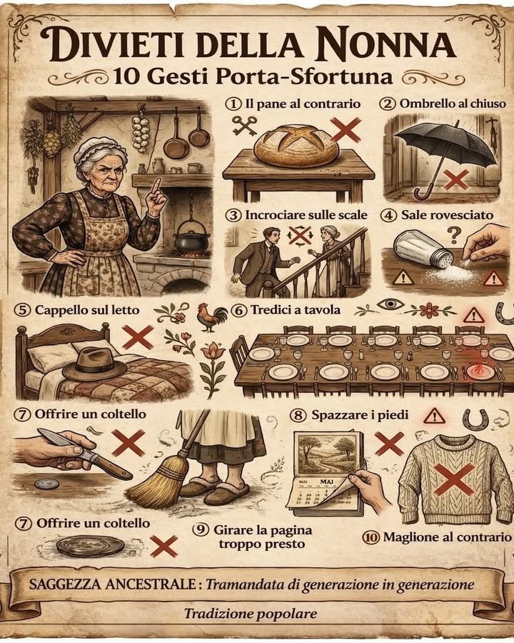 Divieti della Nonna: 10 piccoli gesti da evitare

Nella tradizione popolare italiana esistono tante piccole abitudini considerate porta-sfortuna. Sono credenze tramandate da generazioni che raccontano la saggezza e le usanze della vita di una volta.

 Offrire un coltello
Regalare un coltello direttamente a qualcuno, secondo la tradizione, può tagliare il rapporto. Per questo spesso si simbolizza lo scambio con una moneta.

 Mettere il pane al contrario
Il pane è  Divieti della Nonna: 10 piccoli gesti da evitare

Nella tradizione popolare italiana esistono tante piccole abitudini considerate porta-sfortuna. Sono credenze tramandate da generazioni che raccontano la saggezza e le usanze della vita di una volta.

 Offrire un coltello
Regalare un coltello direttamente a qualcuno, secondo la tradizione, può tagliare il rapporto. Per questo spesso si simbolizza lo scambio con una moneta.

 Mettere il pane al contrario
Il pane è sempre stato simbolo di rispetto e abbondanza. Posarlo capovolto sul tavolo è considerato un gesto di cattivo auspicio.

 Aprire un ombrello in casa
Aprire un ombrello al chiuso è visto come un gesto che porta sfortuna, probabilmente legato a vecchie credenze domestiche.

 Incrociarsi sulle scale
Nella tradizione si evita di incrociare qualcuno sulle scale, perché il gesto è associato a cattiva fortuna.

蓼 Rovesciare il sale
Il sale era un bene prezioso. Farlo cadere a terra veniva interpretato come segno di disordine o sfortuna imminente.

 Lasciare un cappello sul letto
Posare un cappello sul letto è considerato un cattivo presagio, una credenza diffusa soprattutto nelle vecchie case italiane.

 Essere tredici a tavola
Il numero tredici a tavola è storicamente associato alla sfortuna in molte culture europee.

粒 Spazzare i piedi di qualcuno
Passare la scopa sui piedi di una persona è visto come gesto simbolico che può portare via la fortuna.

 Girare la pagina troppo presto
Cambiare pagina del calendario prima che il mese sia finito è tradizionalmente considerato di cattivo auspicio.

痢 Indossare un maglione al contrario
Mettere un capo di abbigliamento al contrario è visto come segno di distrazione e, secondo la superstizione, di cattiva fortuna.

Queste tradizioni fanno parte del patrimonio culturale popolare e raccontano il modo in cui, un tempo, si cercava di interpretare i piccoli gesti quotidiani attraverso simboli e credenze tramandate di generazione in generazione. legato a vecchie credenze domestiche.

 Incrociarsi sulle scale
Nella tradizione si evita di incrociare qualcuno sulle scale, perché il gesto è associato a cattiva fortuna.

蓼 Rovesciare il sale
Il sale era un bene prezioso. Farlo cadere a terra veniva interpretato come segno di disordine o sfortuna imminente.

 Lasciare un cappello sul letto
Posare un cappello sul letto è considerato un cattivo presagio, una credenza diffusa soprattutto nelle vecchie case italiane.

 Essere tredici a tavola
Il numero tredici a tavola è storicamente associato alla sfortuna in molte culture europee.

粒 Spazzare i piedi di qualcuno
Passare la scopa sui piedi di una persona è visto come gesto simbolico che può portare via la fortuna.

 Girare la pagina troppo presto
Cambiare pagina del calendario prima che il mese sia finito è tradizionalmente considerato di cattivo auspicio.

痢 Indossare un maglione al contrario
Mettere un capo di abbigliamento al contrario è visto come segno di distrazione e, secondo la superstizione, di cattiva fortuna.

Queste tradizioni fanno parte del patrimonio culturale popolare e raccontano il modo in cui, un tempo, si cercava di interpretare i piccoli gesti quotidiani attraverso simboli e credenze tramandate di generazione in generazione.