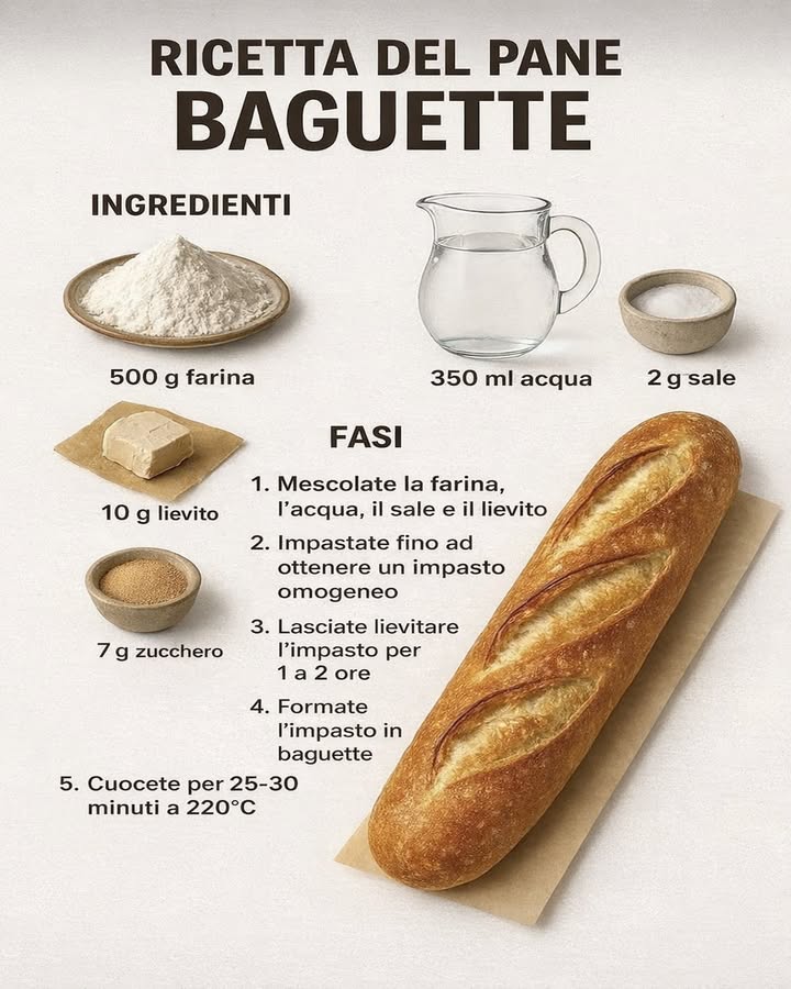 Baguette fatta in casa 稜
Preparare la baguette in casa è un gesto semplice che porta profumo di pane fresco e tradizione direttamente in cucina. Con pochi ingredienti e passaggi chiari, è possibile ottenere un risultato fragrante e dorato.
Ingredienti
500 g di farina
350 ml di acqua
2 g di sale
10 g di lievito
7 g di zucchero
Preparazione
北 Unione degli ingredienti
Mescolate in una ciotola la farina, lacqua, il sale, il lievito e lo zucchero fino a incorporarli completamente.
 Lavorazione dellimpasto
Impastate con cura fino a ottenere una consistenza liscia e omogenea, elastica al tatto.
 Lievitazione
Lasciate riposare limpasto per un periodo compreso tra 1 e 2 ore, finché non raddoppia il suo volume.
稜 Formatura
Dividete limpasto e modellatelo delicatamente dando la classica forma allungata della baguette.
 Cottura
Cuocete in forno preriscaldato a 220C per 2530 minuti, fino a ottenere una crosta dorata e croccante.
Il risultato è una baguette dal profumo invitante, con una crosta fragrante e un interno morbido, ideale per accompagnare ogni momento della giornata.