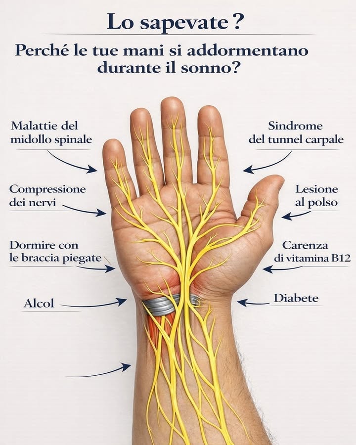 Mani che si addormentano di notte 易
Laddormentamento delle mani durante il sonno è un disturbo piuttosto comune. Spesso è legato a fattori nervosi, posturali o metabolici che interferiscono con la corretta trasmissione degli impulsi.
易 Compressione dei nervi
Quando i nervi vengono compressi, soprattutto durante il riposo notturno, la sensibilità delle mani può ridursi temporaneamente.
 Dormire con le braccia piegate
Questa posizione ostacola la circolazione e può esercitare pressione sui nervi, favorendo formicolio e intorpidimento.
 Sindrome del tunnel carpale
Una delle cause più frequenti, dovuta alla compressione del nervo mediano a livello del polso.
領 Problemi del midollo spinale o lesioni al polso
Alterazioni strutturali possono influire sulla corretta comunicazione tra nervi e mani.
溺 Carenza di vitamina B12
Essenziale per la salute dei nervi, una sua carenza può provocare formicolii e perdita di sensibilità.
 Alcol e diabete
Entrambi possono danneggiare i nervi nel tempo, contribuendo alla comparsa di questi sintomi.
 Comprendere le possibili cause aiuta a interpretare meglio i segnali del corpo e a prendersi cura del proprio benessere in modo più consapevole e informato.