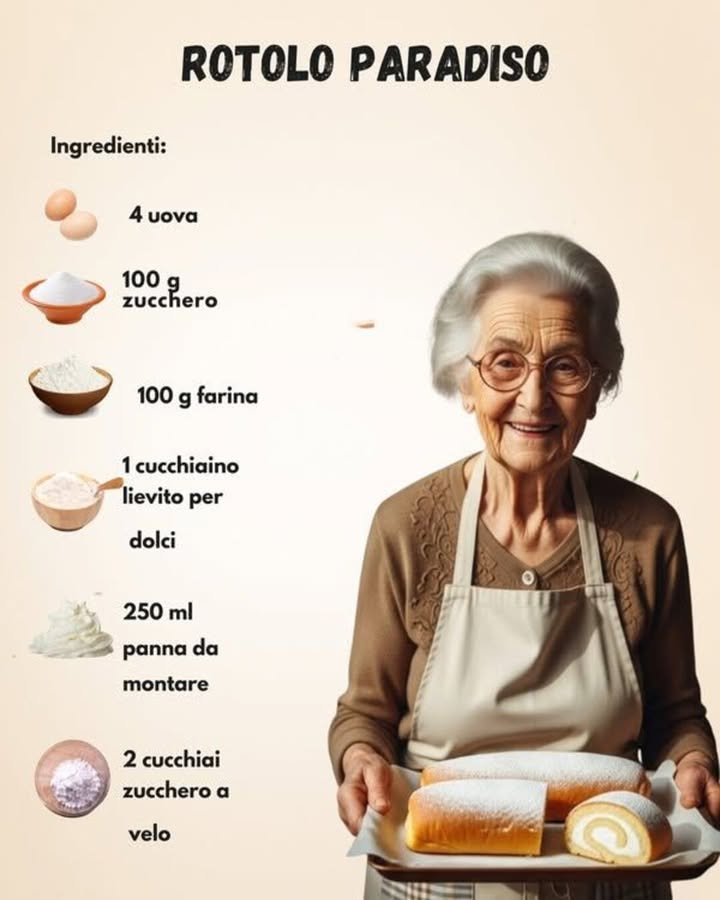 Rotolo Paradiso 
Il rotolo paradiso è un dolce soffice e delicato, preparato con ingredienti semplici e una farcitura cremosa. Una ricetta classica che unisce leggerezza e gusto, ideale per un dessert elegante ma genuino.
Ingredienti
Uova  4
Zucchero  100 g
Farina  100 g
Lievito per dolci  1 cucchiaino
Panna da montare  250 ml
Zucchero a velo  2 cucchiai
Preparazione 北 Monta le uova con lo zucchero fino a ottenere un composto chiaro, spumoso e ben areato.
 Incorpora delicatamente la farina setacciata con il lievito, mescolando dal basso verso lalto per non smontare limpasto.
 Versa il composto su una teglia rivestita di carta forno e cuoci fino a quando risulta soffice e leggermente dorato.
炙 Una volta cotta, arrotola la base ancora tiepida con la carta forno e lasciala raffreddare per mantenere la forma.
 Monta la panna con lo zucchero a velo fino a ottenere una crema morbida e uniforme.
 Srotola delicatamente il pan di Spagna, farciscilo con la panna montata e arrotolalo nuovamente con cura.
 Lascia riposare il rotolo per qualche ora, poi spolvera con zucchero a velo prima di servire.
Il rotolo paradiso conquista per la sua consistenza leggera e il ripieno vellutato, offrendo un dolce semplice ma raffinato che richiama la tradizione della pasticceria casalinga.