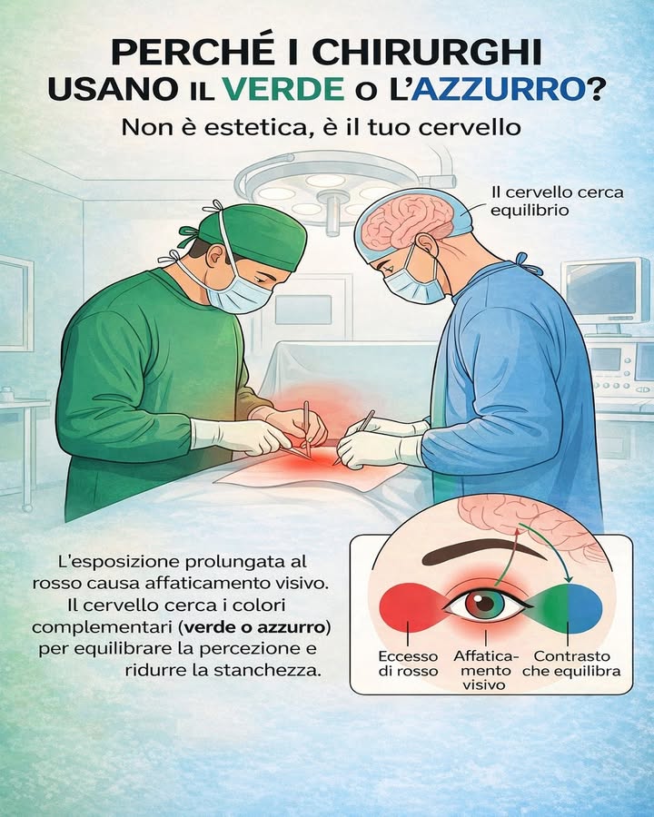 喙 Perché i chirurghi vestono verde o azzurro 

Non è una scelta estetica, ma una decisione legata al funzionamento del cervello. I colori in sala operatoria aiutano a migliorare concentrazione e comfort visivo.

 Riduzione dellaffaticamento visivo
Durante un intervento, lesposizione prolungata al rosso può affaticare gli occhi. Il verde e lazzurro aiutano a riequilibrare la percezione visiva.

 Migliore contrasto
Questi colori sono complementari al rosso del sangue. Permettono ai chirurghi di distinguere meglio dettagli, tessuti e variazioni durante loperazione.

易 Supporto al cervello
Il cervello tende a cercare equilibrio tra i colori. Verde e azzurro riducono la saturazione visiva e migliorano la capacità di concentrazione.

 Maggiore comfort durante interventi lunghi
In operazioni prolungate, questi colori aiutano a mantenere la vista più rilassata, riducendo lo stress visivo nel tempo.

 Precisione e sicurezza
Una visione più chiara e meno affaticata contribuisce a decisioni più precise e a una maggiore sicurezza durante le procedure.

La scelta dei colori in sala operatoria dimostra come anche piccoli dettagli possano avere un impatto concreto sulla performance e sulla qualità del lavoro medico.