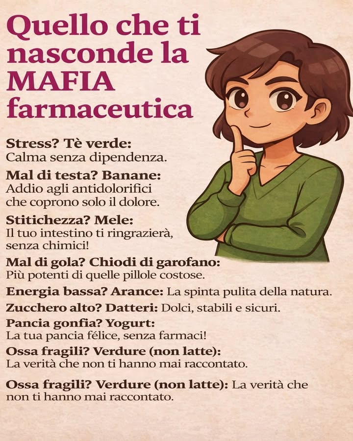 Benessere quotidiano e scelte naturali 
Alimentazione e stile di vita possono offrire un valido supporto al benessere generale, affiancando le corrette abitudini quotidiane. Alcuni alimenti, inseriti con equilibrio, contribuiscono a sostenere le normali funzioni dellorganismo.
 Tè verde
Favorisce un momento di calma e contribuisce allequilibrio mentale grazie ai suoi composti naturali.
 Banane
Apportano potassio e vitamine utili al normale funzionamento del sistema nervoso e muscolare.
 Mele
Ricche di fibre, aiutano a sostenere la regolarità intestinale e il benessere digestivo.
 Chiodi di garofano
Spezie tradizionalmente apprezzate per le loro proprietà aromatiche e antiossidanti.
 Arance
Fonte naturale di vitamina C, contribuiscono a ridurre stanchezza e affaticamento.
 Datteri
Forniscono energia naturale e zuccheri facilmente utilizzabili dallorganismo.
北 Yogurt
Aiuta a mantenere lequilibrio della flora intestinale, sostenendo la digestione.
塞 Verdure
Ricche di minerali e vitamine, contribuiscono al mantenimento di ossa e tessuti in buona salute.
Unalimentazione varia, consapevole e bilanciata rappresenta una base solida per prendersi cura del proprio corpo ogni giorno, nel rispetto delle esigenze individuali.