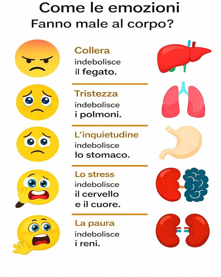 易 Come le emozioni influenzano il corpo

Le emozioni non coinvolgono solo la mente, ma hanno anche effetti reali sul corpo. Quando alcune emozioni diventano intense o prolungate, possono influenzare diversi organi e il nostro benessere generale.

 Collera e fegato
La rabbia prolungata può aumentare la tensione nel corpo e influenzare il funzionamento del fegato, rendendo più difficile mantenere un equilibrio interno.

 Tristezza e polmoni
La tristezza profonda può influire sul respiro e sullenergia, facendo percepire una sensazione di pesantezza o affaticamento a livello respiratorio.

 Inquietudine e stomaco
Ansia e agitazione spesso si riflettono nello stomaco, provocando tensione addominale, digestione difficile o fastidi gastrointestinali.

 Stress, cervello e cuore
Lo stress costante può affaticare il sistema nervoso e cardiovascolare, influenzando concentrazione, sonno e ritmo cardiaco.

 Paura e reni
La paura intensa attiva forti reazioni nel corpo e può incidere sullequilibrio energetico associato ai reni secondo diverse tradizioni di benessere.

Comprendere il legame tra emozioni e corpo aiuta a prendersi cura della propria salute in modo più completo. Lequilibrio emotivo contribuisce infatti al benessere fisico e alla qualità della vita quotidiana.