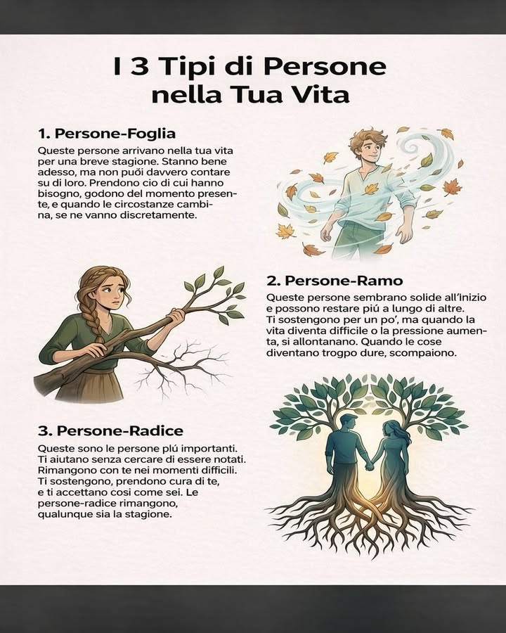 I 3 tipi di persone nella tua vita
Nel corso della vita incontriamo persone diverse, ognuna con un ruolo e un significato particolare. Comprendere queste differenze aiuta a vivere le relazioni con maggiore consapevolezza ed equilibrio.
 Persone-Foglia
Arrivano per una stagione breve e condividono con te un momento specifico del tuo percorso. Offrono leggerezza e compagnia, ma quando le circostanze cambiano tendono ad allontanarsi con naturalezza.
 Persone-Ramo
Sembrano solide e presenti, e possono sostenerti per un certo periodo. Tuttavia, quando la pressione aumenta o le difficoltà diventano più intense, possono spezzarsi o prendere le distanze.
 Persone-Radice
Sono le più profonde e autentiche. Restano nei momenti difficili, ti sostengono senza cercare riconoscimento e ti accettano per ciò che sei, indipendentemente dalle stagioni della vita.
Ogni incontro ha un valore e contribuisce alla nostra crescita personale. Riconoscere chi è foglia, ramo o radice permette di dare il giusto peso a ogni relazione e di costruire legami più solidi e consapevoli.