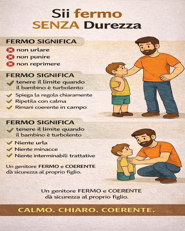 Sii fermo, senza durezza
Essere un genitore fermo non significa essere severo o distante. Significa offrire guida, sicurezza e punti di riferimento chiari attraverso calma e coerenza.
 Non urlare, non punire, non reprimere
La fermezza non passa attraverso la paura. Evitare urla e minacce aiuta il bambino a sentirsi rispettato e ascoltato.
 Tieni il limite quando serve
Quando il bambino è turbato o agitato, mantenere il confine con tranquillità gli trasmette stabilità e protezione.
 Spiega la regola con chiarezza
Regole semplici e comprensibili riducono conflitti e incomprensioni.
 Ripeti con calma e coerenza
La costanza rafforza lautorevolezza. Un messaggio coerente nel tempo crea sicurezza.
欄 Evita minacce e trattative infinite
Niente urla, niente ricatti, niente negoziazioni continue. La fermezza è serena, non aggressiva.
Un genitore calmo, chiaro e coerente diventa un punto saldo nella crescita del figlio. La vera autorevolezza nasce dallequilibrio tra affetto e limiti ben definiti.