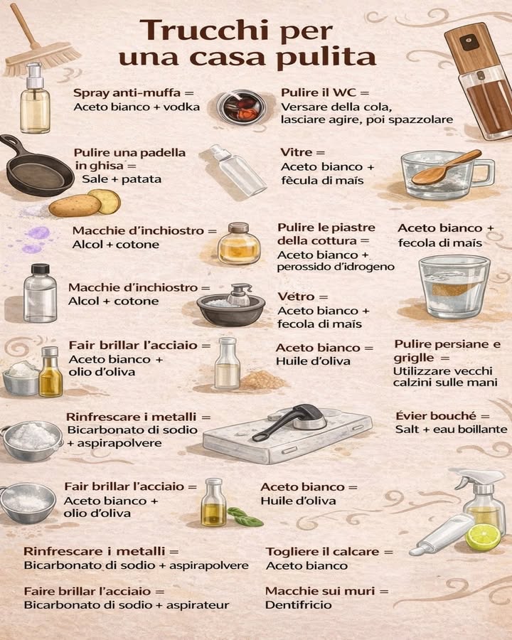 識 Trucchi Naturali per una Casa Pulita 
Piccoli gesti quotidiani e ingredienti semplici possono rendere la pulizia della casa più efficace e naturale. Questi rimedi aiutano a ottenere ottimi risultati riducendo luso di prodotti aggressivi.
林 Pulizie pratiche e intelligenti
 Spray anti-muffa: aceto bianco e vodka aiutano a contrastare lumidità
 Pulire il WC: la cola lasciata agire facilita la rimozione delle incrostazioni
 Padella in ghisa: sale e patata rimuovono residui senza rovinare la superficie
犯 Vetri brillanti: aceto bianco e fecola di mais lasciano le superfici senza aloni
 Macchie dinchiostro: alcool e cotone aiutano a eliminarle delicatamente
 Piastre di cottura: aceto bianco e perossido di idrogeno sciolgono lo sporco
犯 Persiane e griglie: vecchi calzini indossati sulle mani facilitano la pulizia
 Acciaio lucido: aceto bianco e olio doliva donano brillantezza
 Metalli: bicarbonato di sodio e aspirapolvere aiutano a rinfrescarli
 Calcare: laceto bianco è efficace sulle superfici incrostate
隣 Macchie sui muri: il dentifricio aiuta a schiarire i segni superficiali
 Pulizia consapevole
什 Ingredienti comuni, facilmente reperibili
 Soluzioni semplici e più rispettose dellambiente
Adottare questi trucchi permette di mantenere la casa pulita e ordinata in modo pratico, valorizzando rimedi tradizionali ed efficaci per la cura degli spazi domestici.