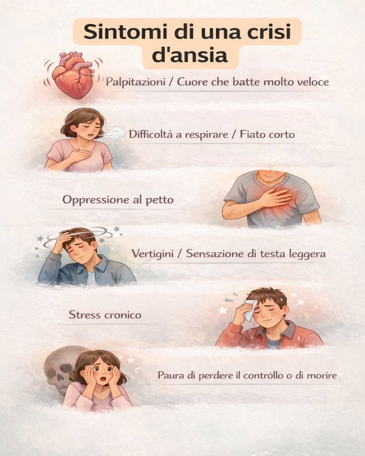 Sintomi di una crisi dansia 

Le crisi dansia possono manifestarsi in modo improvviso e coinvolgere sia il corpo che la mente. Riconoscere i segnali è fondamentale per comprendere meglio ciò che sta accadendo dentro di sé.

 Palpitazioni
Il cuore accelera e batte più velocemente del normale. Questa sensazione può essere intensa e generare ulteriore agitazione.

 Difficoltà a respirare
Il respiro diventa corto e affannoso. Si può avvertire la sensazione di non riuscire a prendere abbastanza aria.

贈 Oppressione al petto
Una pressione o un peso sul torace può creare disagio fisico. Questo sintomo è spesso collegato alla tensione accumulata.

 Vertigini e testa leggera
Si può avvertire instabilità o una sensazione di sbandamento. Questo accade quando il corpo è in uno stato di forte attivazione.

 Stress e tensione continua
Il corpo resta in allerta anche senza una causa evidente. Questo stato prolungato affatica mente e organismo.

 Paura intensa
Una sensazione improvvisa di perdere il controllo o di pericolo imminente può emergere. È una risposta del sistema nervoso a uno stato di allarme.

Comprendere questi segnali aiuta a dare un senso alle proprie sensazioni e a vivere con maggiore consapevolezza, favorendo un equilibrio emotivo più stabile.