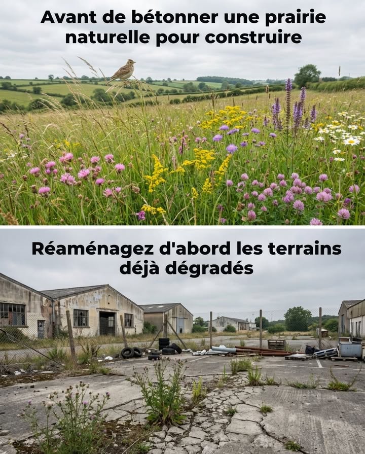 Chaque hectare de prairie naturelle asphalté efface une communauté vivante entière.

Les friches industrielles et les zones abandonnées peuvent être réaménagées sans toucher aux espaces sauvages.

– Alouettes des champs et bruants proyers dépendent de corridors herbeux intacts
– Les abeilles solitaires terricoles perdent leurs sites de nidification quand le sol est scellé sous le bitume
– Parkings et entrepôts ont leur place sur des terrains déjà dégradés
– Les prairies naturelles mettent des décennies  parfois des siècles  à se reconstituer
– Le développement nexige pas de sacrifier des écosystèmes fonctionnels

Le béton ne recouvre pas seulement des racines.
Il efface un écosystème qui ne reviendra peut-être jamais.