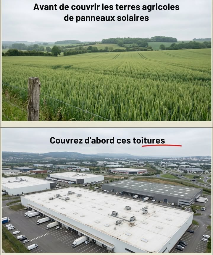 Le solaire a sa place sur les toitures avant les champs.

La France dispose de millions de mètres carrés de toitures plates commerciales et industrielles inutilisées, prêtes à accueillir des panneaux dès maintenant.

– Utilise des surfaces déjà construites plutôt que des sols fertiles
– Protège les terres agricoles de lartificialisation et du compactage
– Réduit les îlots de chaleur urbains tout en produisant de lénergie là où elle est consommée
– Maintient les terres nourricières en production
– Transforme des toitures grises et imperméables en surfaces utiles

Nous navons pas à choisir entre alimentation et énergie propre.
Il suffit dutiliser lespace que nous avons déjà bétonné.