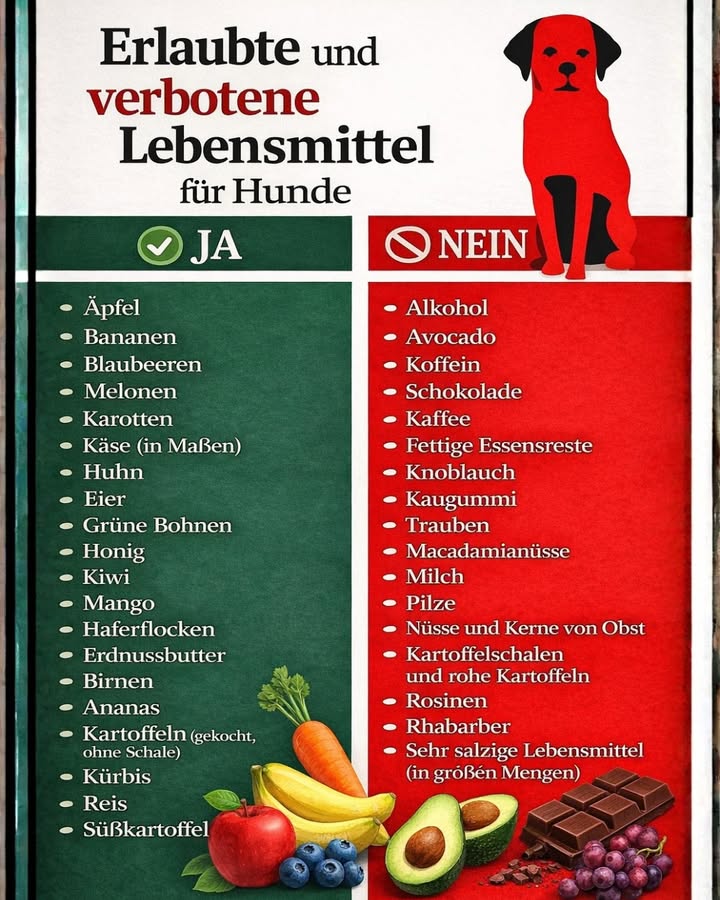 Was dürfen Hunde essen  und was nicht?
Viele Hundebesitzer möchten ihrem Vierbeiner etwas Gutes tun, greifen aber unbewusst zu Lebensmitteln, die für Hunde gefährlich oder sogar giftig sein können.

 Deshalb ist es wichtig, genau zu wissen, welche Lebensmittel erlaubt sind und welche strikt vermieden werden müssen.

 Erlaubte Lebensmittel in passenden Mengen

Einige Obst-, Gemüse- und Grundnahrungsmittel sind für Hunde gut verträglich und können eine gesunde Ergänzung sein:

Äpfel, Bananen, Blaubeeren

Karotten, Kürbis, grüne Bohnen

Reis, Haferflocken

Eier, Huhn

Süßkartoffeln & Kartoffeln nur gekocht, ohne Schale

 Tipp: Immer ohne Gewürze, Zucker oder Salz anbieten.

 Verbotene Lebensmittel  bitte niemals geben!

Diese Lebensmittel können Vergiftungen, Verdauungsprobleme oder schwere gesundheitliche Schäden verursachen:

Schokolade, Kaffee, Koffein

Alkohol

Avocado

Trauben & Rosinen

Knoblauch

Kaugummi Xylit!

Fettige Essensreste

Macadamianüsse

 Schon kleine Mengen können gefährlich sein!

 Merke:
Nicht alles, was für Menschen gesund ist, ist auch für Hunde geeignet. Im Zweifel lieber verzichten oder den Tierarzt fragen.