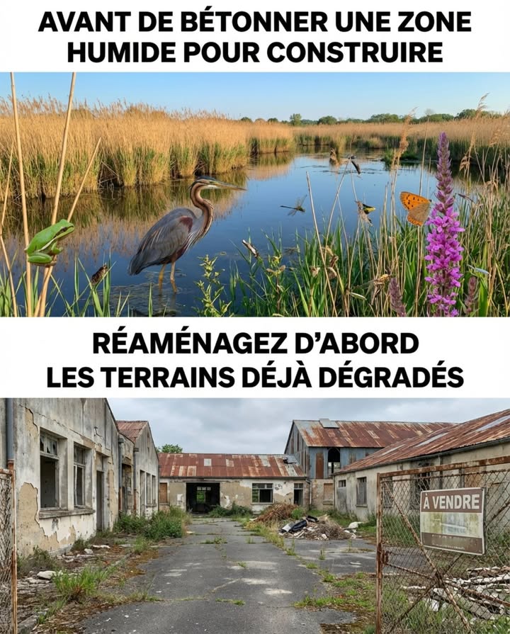 Avant de raser une zone humide pour construire, réhabilitez dabord les casernes et entrepôts désaffectés qui attendent depuis vingt ans.

La France compte entre 90 000 et 150 000 hectares de friches industrielles, commerciales et militaires  déjà imperméabilisées, déjà raccordées aux réseaux, déjà desservies par la route. Aucune ne nourrit de pollinisateur. Aucune ne filtre leau de pluie. Aucune ne stocke de carbone.

Un hectare de zone humide perdu, cest un filtre naturel de 200 000 litres deau par an supprimé, un corridor de migration effacé et une zone de nidification de la bécassine des marais, du héron pourpré et de la rainette verte détruite  des espèces dont la France a perdu plus de 50 % des effectifs depuis 1970.

La friche à côté attend. La loi ZAN la rendue prioritaire depuis 2021. Le choix entre les deux nest pas économique  cest un choix entre ce qui est facile et ce qui est intelligent.

#ZéroArtificialisation #ZonesHumides #FrichesIndustrielles #ZAN #StopBéton