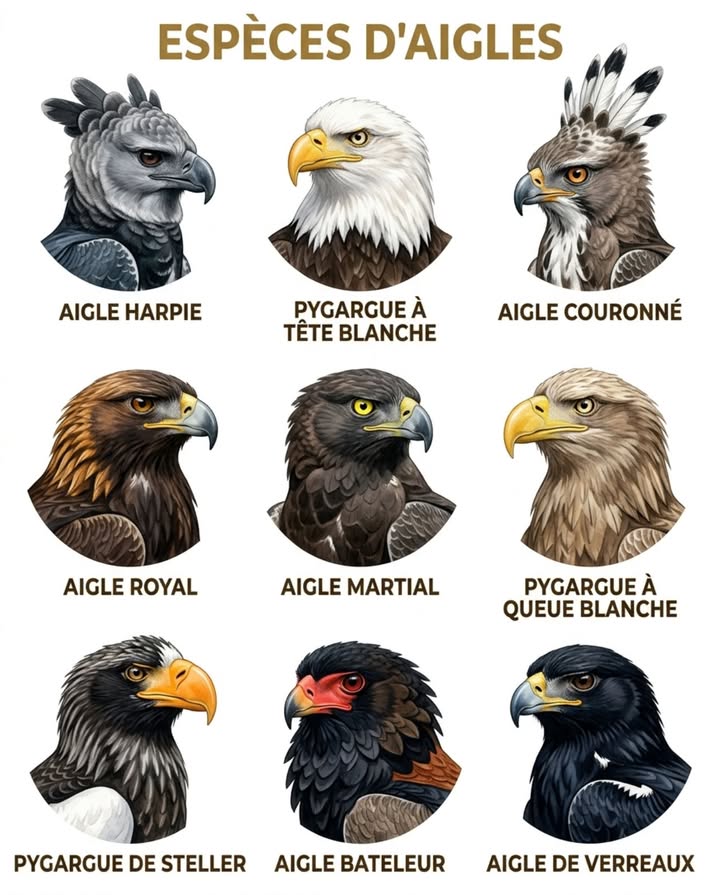 Neuf aigles. Un seul plan corporel, des stratégies de chasse radicalement différentes.

Laigle royal chasse en terrain ouvert à grande vitesse. Le pygargue à queue blanche pêche en survol des lacs et rivières dEurope. Laigle harpie soriente dans les forêts denses dAmérique tropicale sans jamais sortir du couvert. Le bateleur africain couvre des centaines de kilomètres par jour en vol plané quasi sans battements.

礪 Même famille, mêmes serres, mêmes yeux à acuité extrême  mais chaque espèce a optimisé sa morphologie pour un territoire et une proie précis. La huppe de laigle couronné, la queue courte du bateleur, les ailes larges du pygargue de Steller : chaque détail est une réponse à un environnement.

En France, deux espèces : laigle royal dans les massifs montagneux, le pygargue à queue blanche en cours de recolonisation sur les grands lacs et zones humides. Les reconnaître de loin commence par ces portraits.

#Aigles #RapacesFrance #AigleRoyal #PygargueÀQueueBlanche