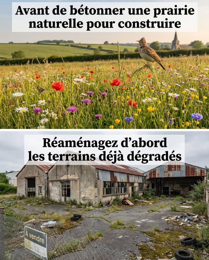 Avant de bétonner une prairie naturelle pour construire, réaménagez dabord les terrains déjà dégradés.

Chaque année en France, entre 20 000 et 30 000 hectares de sols naturels, agricoles ou forestiers sont artificialisés  recouverts de bitume, de béton ou de bâtiments. Des prairies, des champs, des lisières de bois sont scellées sous des parkings, des lotissements, des zones commerciales et des entrepôts logistiques. Chaque hectare artificialisé est un hectare qui ne filtre plus leau, ne stocke plus de carbone, ne nourrit plus de pollinisateurs et ne reviendra pas à son état naturel avant des décennies  si jamais il y revient.

Pendant ce temps, la France compte entre 90 000 et 150 000 hectares de friches industrielles, commerciales et militaires  des terrains déjà dégradés, déjà imperméabilisés, déjà raccordés aux réseaux, déjà desservis par la route, et qui ne produisent rien. Des usines fermées depuis vingt ans. Des zones commerciales abandonnées avec leurs parkings fissurés. Des casernes militaires désaffectées. Des stations-service fermées. Des anciennes décharges stabilisées. Des terrains ferroviaires inutilisés. Tous ces sites attendent une deuxième vie  et personne ne les regarde parce que construire sur un champ vierge est plus simple, plus rapide et moins cher que dépolluer et réhabiliter une friche.

CE QUE LA PRAIRIE CONTIENT ET QUE LE BÉTON EFFACE :

Un hectare de prairie naturelle permanente une prairie qui na jamais été labourée ni semée artificiellement héberge une communauté vivante dune complexité que le bitume supprime en une journée de chantier.

Le sol. Les trente premiers centimètres dun sol de prairie contiennent entre 50 et 100 tonnes de carbone organique par hectare  stocké dans lhumus, les racines et les organismes du sol depuis des décennies, parfois des siècles. Bétonner ce sol libère progressivement ce carbone sous forme de CO2  le sol qui stockait devient émetteur. La matière organique accumulée pendant deux cents ans est détruite en une saison de terrassement.

Les vers de terre. Un sol de prairie non traitée contient entre 200 et 400 vers par mètre carré  entre une et deux tonnes par hectare. Leurs galeries infiltrent leau de pluie dix à vingt fois plus vite quun sol sans vers. Le béton remplace linfiltration par le ruissellement  chaque mètre carré scellé envoie entre 600 et 900 litres deau par an directement dans le réseau pluvial au lieu de la nappe.

Les oiseaux de plaine. Lalouette des champs niche au sol dans les prairies et les jachères  quatre œufs dans une cuvette grattée entre les graminées, à cinq centimètres sous le sommet de lherbe. Le bruant proyer chante depuis le sommet dun piquet ou dune tige haute au bord de la prairie  son territoire couvre un à deux hectares de prairie ouverte. La perdrix grise installe sa ponte de 12 à 18 œufs dans la base des herbes hautes en bordure de champ. Chaque hectare artificialisé est un territoire de nidification perdu pour ces espèces déjà en déclin sévère  la perdrix grise a perdu plus de 90 % de ses effectifs en France depuis les années 1960.

Les pollinisateurs. Les prairies permanentes sont le principal habitat de nidification des abeilles solitaires terricoles  andrènes, halictes, dasypodes, panurges  qui creusent leurs tunnels de nidification dans le sol nu et compact des chemins, des talus et des zones piétinées de la prairie. Le bitume scelle le sol définitivement  chaque mètre carré imperméabilisé est un mètre carré de logement détruit pour des dizaines de nids potentiels. Les fleurs de la prairie  trèfle, lotier, scabieuse, centaurée, achillée  nourrissent ces mêmes abeilles pendant six mois. Le parking ne nourrit personne.

Le réseau racinaire. Les graminées et les plantes vivaces dune prairie permanente développent un réseau racinaire qui descend entre 30 cm et 2 mètres de profondeur. Ce réseau retient le sol en place zéro érosion sur une prairie intacte, structure les agrégats du sol porosité permanente et nourrit le réseau mycorhizien qui connecte les plantes entre elles. Détruire ce réseau par terrassement prend une journée. Le reconstituer prend entre vingt et cinquante ans  si la reconstruction est même tentée.

CE QUE LA FRICHE CONTIENT ET QUE LA RECONSTRUCTION SAUVE :

Une friche industrielle est un terrain déjà sacrifié. Le sol est déjà compacté, souvent pollué, recouvert de béton ou de gravats. Les réseaux eau, électricité, assainissement, voirie sont déjà en place ou en place à proximité. Laccès routier existe. Les fondations danciens bâtiments peuvent servir de base aux nouveaux. Le terrain est déjà dans le tissu urbain ou périurbain  pas en pleine campagne, pas au milieu dun écosystème fonctionnel.

Réhabiliter une friche au lieu dartificialiser une prairie produit un triple bénéfice. Le sol naturel est préservé zéro artificialisation nette. La friche cesse dêtre une verrue dans le paysage dépollution, réhabilitation. Le bâtiment neuf sinscrit dans un tissu déjà urbanisé au lieu de créer un étalement supplémentaire.

POURQUOI LA FRICHE EST ÉVITÉE :

Le coût de dépollution est lobstacle principal. Un terrain industriel contaminé hydrocarbures, métaux lourds, solvants nécessite une étude de sol 10 000 à 50 000 euros, une dépollution partielle ou totale 50 000 à 500 000 euros par hectare selon le niveau de contamination et un suivi post-dépollution. Le champ vierge en sortie de village ne coûte rien de tout cela  le promoteur lachète à lagriculteur pour 5 à 15 euros le mètre carré, dépose un permis de construire et commence les travaux en quelques mois.

Le différentiel de coût est réel  mais il ne tient pas compte des coûts externalisés sur la collectivité. Lartificialisation dun hectare de prairie coûte entre 50 000 et 200 000 euros de services écosystémiques perdus infiltration, stockage carbone, pollinisation, régulation des crues que la collectivité devra compenser par des bassins de rétention, des stations de traitement renforcées et des programmes de renaturation en aval. Ces coûts ne sont pas portés par le promoteur  ils sont portés par le contribuable.

LA LOI AVANCE  LENTEMENT :

La loi Climat et Résilience de 2021 fixe un objectif de zéro artificialisation nette ZAN à lhorizon 2050, avec un objectif intermédiaire de réduction de 50 % du rythme dartificialisation dici 2031 par rapport à la décennie précédente. Les documents durbanisme PLU, SCoT doivent intégrer cet objectif dans leurs révisions.

En pratique, la mise en œuvre est conflictuelle. Les maires ruraux veulent construire pour attirer des habitants et des entreprises. Les promoteurs préfèrent les terrains vierges. Les agriculteurs vendent leurs parcelles au prix du terrain constructible  dix à cinquante fois le prix du terrain agricole. Lobjectif ZAN est juridiquement acté mais politiquement contesté  chaque projet de lotissement en sortie de village devient un arbitrage entre le développement local et la préservation du sol.

CE QUE CHAQUE CITOYEN PEUT FAIRE :

Consulter le PLU de sa commune  le plan local durbanisme indique les zones ouvertes à la construction zones AU  à urbaniser. Si des prairies naturelles ou des terres agricoles sont classées en zone AU alors que des friches sont disponibles sur le territoire communal, le citoyen peut déposer une observation lors de lenquête publique de révision du PLU pour demander la requalification des friches en zones constructibles prioritaires et le déclassement des prairies en zones naturelles protégées.

Signaler les friches. Loutil Cartofriches développé par le CEREMA et accessible en ligne recense les friches disponibles par commune. Partager cette information avec les élus locaux et les commissions durbanisme lors des révisions de PLU.

Soutenir les projets de réhabilitation de friches. LÉtablissement Public Foncier local de chaque région acquiert et dépollue des friches pour les remettre sur le marché  un outil public qui compense le surcoût de la dépollution et rend la friche compétitive face au terrain vierge.

La prairie naturelle met des décennies à se constituer  parfois des siècles si le sol est riche et profond. Le béton sy pose en un jour. La friche à côté attend depuis vingt ans que quelquun la regarde. Le choix entre les deux nest pas un dilemme économique  cest un choix de civilisation entre ce qui est facile et ce qui est intelligent.

Le béton ne recouvre pas seulement des racines. Il efface un écosystème qui ne reviendra peut-être jamais  alors que le terrain dà côté, déjà mort, attend quon lui rende une vie.

#ZéroArtificialisation #FrichesIndustrielles #PrairieNaturelle #ZAN #StopBéton