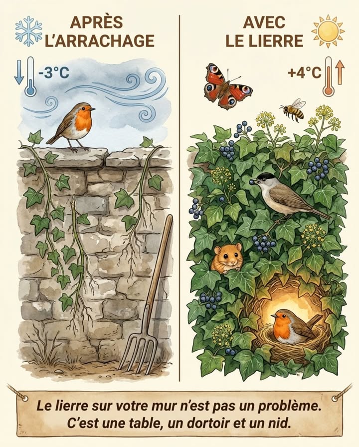 Le lierre ne pénètre pas un enduit sain  ses crampons adhèrent sans creuser. Il nétouffe pas les arbres : il utilise le tronc comme support, ses racines sont dans le sol.

 Il fleurit en octobre-novembre, quand presque rien dautre ne fleurit. Dernière source de nectar de lannée pour abeilles, syrphes et papillons tardifs.

 Ses baies mûrissent de janvier à mars  exactement quand toutes les autres sources sont épuisées. Merle noir, fauvette à tête noire, grive et rougegorge familier en dépendent pendant la période la plus difficile de lannée.

 Par nuit de gel, la température derrière le feuillage peut dépasser de plusieurs degrés celle de lextérieur. Rougegorge, troglodyte mignon et pipistrelle commune lutilisent comme abri de transit dès lautomne.

Le lierre sur votre mur nest pas un problème. Cest une table, un dortoir et un nid dans une seule plante.

#Lierre #FauneJardin #BiodiversitéAuJardin #JardinNaturel