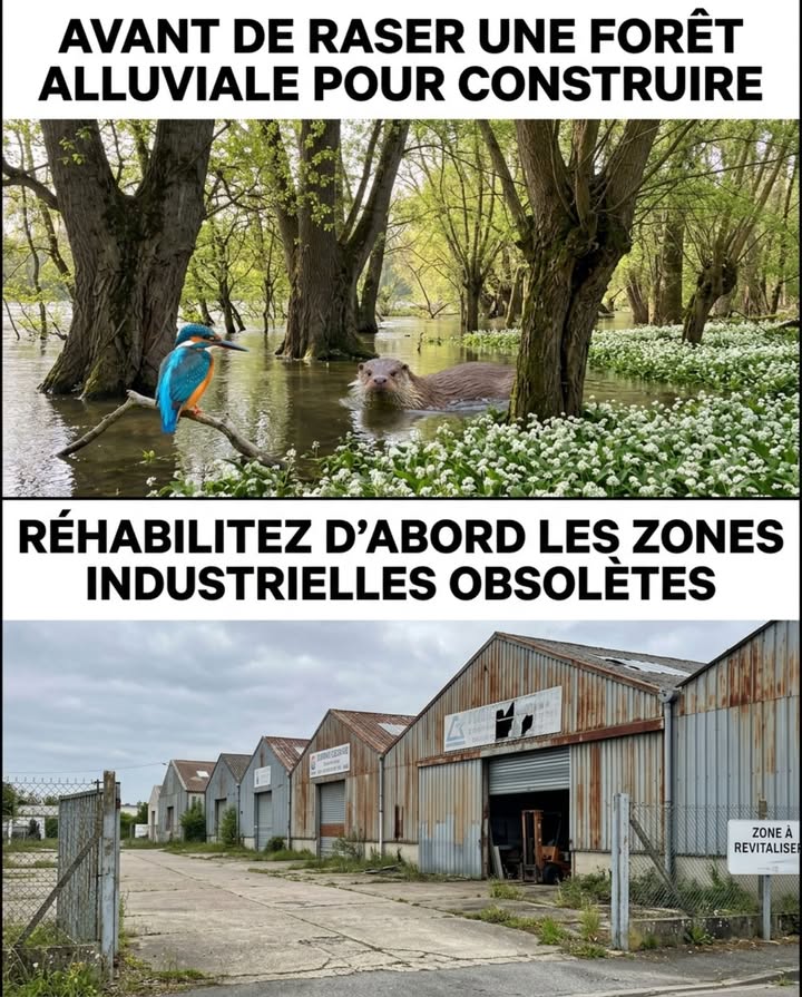 Avant de raser une forêt alluviale pour un entrepôt logistique, réhabilitez dabord les zones industrielles obsolètes qui ponctuent chaque entrée de ville française.

Un hectare de forêt alluviale perdu, cest lécosystème de régulation hydraulique le plus efficace du territoire français effacé en une semaine de déboisement. Les forêts alluviales du Rhin, de la Loire et de la Garonne absorbent les crues en stockant des millions de mètres cubes deau dans leurs sols spongieux et leurs bois morts immergés  chaque hectare déboisé transfère son volume de crue vers les communes en aval. Le martin-pêcheur, la loutre dEurope et le castor  trois espèces en reconquête fragile  dépendent exclusivement de ces corridors boisés en bordure de cours deau.

Les zones industrielles françaises construites entre 1960 et 1990 concentrent des dizaines de milliers dhectares de hangars vétustes, de parkings surdimensionnés et de bâtiments aux normes dépassées que plus aucune entreprise ne veut occuper. Chaque entrée de ville française en compte  les mêmes tôles rouillées, les mêmes enseignes effacées, les mêmes grillages cassés. Ces zones sont déjà viabilisées, déjà desservies par les poids lourds, déjà dans le tissu économique  et elles attendent une réhabilitation que personne ne finance parce que construire en forêt alluviale reste moins cher.

La loi ZAN impose de privilégier la densification et la réhabilitation avant toute artificialisation nouvelle. Loutil Cartofriches du CEREMA recense ces zones obsolètes par commune  accessible gratuitement en ligne.

La forêt alluviale met des siècles à se constituer après une crue fondatrice. La zone industrielle obsolète se réhabilite en quelques années.

#ZéroArtificialisation #ForêtAlluviale #ZonesIndustrielles #ZAN #StopBéton