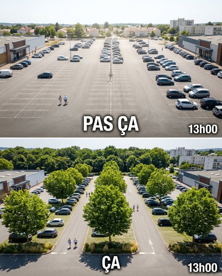 Les parkings de supermarché dépassent 60 C au sol en juillet. Les clients y marchent trois à cinq minutes, à hauteur de ce radiateur à ciel ouvert, avant même dentrer dans le magasin climatisé.

Plusieurs villes françaises ont commencé à végétaliser les parkings de périphérie : remplacement dune rangée de places sur cinq par des arbres à grand développement, dalles alvéolées enherbées en remplacement du bitume continu, noues végétalisées le long des allées de circulation pour absorber les eaux de ruissellement.

Résultat mesuré sur les parkings pilotes de Bordeaux et de Nantes : 4 à 6 C de moins à hauteur dhomme sous couvert arboré en canicule. La durée de stationnement confortable en été augmente. Les îlots de chaleur de périphérie commerciale sont les plus intenses et les moins traités du territoire urbain français.

Un arbre planté dans un parking de grande surface produit une ombre réelle en sept ans. Sur 40 ans, son coût dentretien est inférieur à deux réfections de revêtement bitumineux  et il produit ce que le bitume ne produira jamais.

#ParkingVégétalisé #VégétalisationUrbaine #IlotDeFraîcheur #VilleVerte