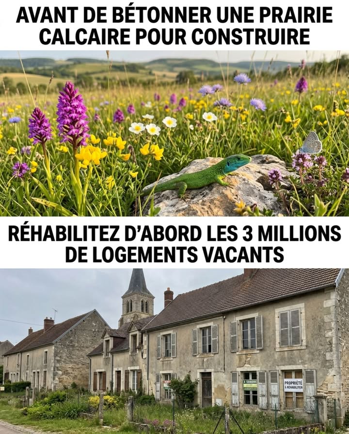 Avant de bétonner une prairie calcaire pour un lotissement, réhabilitez dabord les logements vacants qui représentent 3 millions de biens inoccupés en France.

Un hectare de prairie calcaire perdu, cest lhabitat le plus riche dEurope en espèces végétales effacé en une journée de terrassement. Les pelouses calcaires de Bourgogne, de Champagne et du Bassin parisien hébergent jusquà 40 espèces de plantes vasculaires par mètre carré  plus que nimporte quel autre écosystème européen. Lorchis bouc, le lézard vert occidental et lazuré du serpolet y vivent et nulle part ailleurs en France.

La France compte 3,1 millions de logements vacants  soit 8 % du parc total. Des maisons de village inoccupées depuis dix ans. Des appartements en centre-ville non loués depuis des années. Des immeubles entiers dont les propriétaires attendent une valorisation foncière. Tous ces logements disposent déjà du raccordement, de la voirie et des services  et ne produisent rien pendant que les prairies calcaires disparaissent en périphérie.

Le programme Action Cœur de Ville et la taxe sur les logements vacants existent depuis 2018 pour accélérer la remise sur le marché de ces biens. Chaque logement vacant réhabilité est un hectare de prairie calcaire qui na pas besoin dêtre sacrifié.

La prairie calcaire met des siècles à se constituer. Le logement vacant se réhabilite en quelques mois.

#ZéroArtificialisation #PrairieCalcaire #LogementsVacants #ZAN #StopBéton