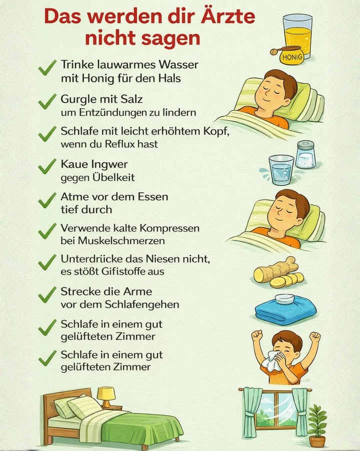 Das werden dir Ärzte nicht sagen

Manchmal sind es die einfachen Dinge, die unserem Körper wirklich guttun. 
Diese natürlichen Tipps können dir helfen, dich im Alltag besser zu fühlen  ganz ohne komplizierte Mittel.

 Wusstest du zum Beispiel, dass:

 lauwarmes Wasser mit Honig den Hals beruhigen kann
 Gurgeln mit Salz Entzündungen lindert
 ein leicht erhöhter Kopf beim Schlafen Reflux reduzieren kann
 Ingwer bei Übelkeit hilft
 bewusstes Atmen vor dem Essen die Verdauung unterstützt
 kalte Kompressen Muskelschmerzen lindern können
 Niesen ein natürlicher Reinigungsmechanismus des Körpers ist
 sanftes Dehnen vor dem Schlafengehen entspannt
 frische Luft im Schlafzimmer den Schlaf verbessert

 Kleine Gewohnheiten  große Wirkung.
Höre auf deinen Körper und gib ihm, was er braucht.