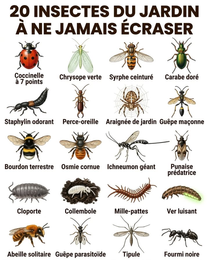 Ils courent entre les pieds de salade, tombent dans larrosoir, se posent sur les bras et disparaissent sous les pierres. La plupart des jardiniers les écrasent par réflexe ou les confondent avec des ravageurs. Chacun de ces 20 insectes et arthropodes remplit une mission précise  les supprimer revient à licencier léquipe de sécurité du jardin.
Coccinelle à sept points Coccinella septempunctata, un adulte consomme jusquà 100 pucerons par jour, ses larves encore davantage  Chrysope verte Chrysoperla carnea, ses larves sont surnommées  lions des pucerons , parmi les prédateurs les plus voraces du jardin  Syrphe ceinturé Episyrphus balteatus, pollinisateur adulte déguisé en guêpe, larves dévoreuses de pucerons dans les colonies  Carabe doré Carabus auratus, chasseur nocturne de limaces, œufs de limaces et chenilles  incapable de voler, il reste dans le jardin sil nest pas empoisonné  Staphylin odorant Ocypus olens, grand coléoptère noir souvent confondu avec un scorpion, prédateur de limaces et de larves au sol  Perce-oreille Forficula auricularia, nettoyeur nocturne de pucerons et de petits insectes, bien plus utile que nuisible malgré sa réputation  Araignée de jardin Araneus diadematus, sa toile capture des centaines de moucherons, moustiques et pucerons ailés par semaine  Guêpe solitaire maçonne Sceliphron caementarium, prédateur de chenilles et daraignées nuisibles, niche dans les fissures de murs sans agressivité  Bourdon terrestre Bombus terrestris, pollinisateur puissant capable de vibrer les fleurs que les abeilles domestiques ne peuvent pas féconder  Osmie cornue Osmia cornuta, abeille solitaire active dès mars, pollinise les fruitiers trois semaines avant labeille domestique  Ichneumon géant Rhyssa persuasoria, sa larve parasite les larves de sirex dans le bois  contrôle biologique naturel  Punaise prédatrice Anthocoris nemorum, dévore thrips, acariens et psylles dans les arbres fruitiers  Cloporte Armadillidium vulgare, décomposeur essentiel qui transforme les débris végétaux en humus directement dans le sol  Collembole Folsomia candida, microscopique mais par millions dans le compost, accélère la décomposition et nourrit le réseau fongique  Mille-pattes Lithobius forficatus, prédateur rapide de petits insectes et larves dans la litière  Ver luisant Lampyris noctiluca, sa larve se nourrit exclusivement descargots et de limaces pendant deux à trois ans avant de devenir adulte  Abeille solitaire terricole Andrena fulva, pollinisatrice précoce des fruitiers, niche dans le sol et ne pique pratiquement jamais  Guêpe parasitoïde Aphidius colemani, pond dans les pucerons qui se momifient et meurent  le meilleur insecticide vivant du potager  Tipule adulte Tipula oleracea, souvent confondue avec un moustique géant, elle ne pique pas et ne mord pas  totalement inoffensive  Fourmi noire des jardins Lasius niger, aère le sol par ses galeries, recycle la matière organique et disperse les graines de violettes et de chélidoines
Un jardin sans insectes nest pas un jardin propre. Cest un jardin sans défense, sans pollinisation et sans sol vivant.
#InsectesDuJardin #AuxiliairesNaturels #BiodiversitéAuJardin #JardinSansChimie