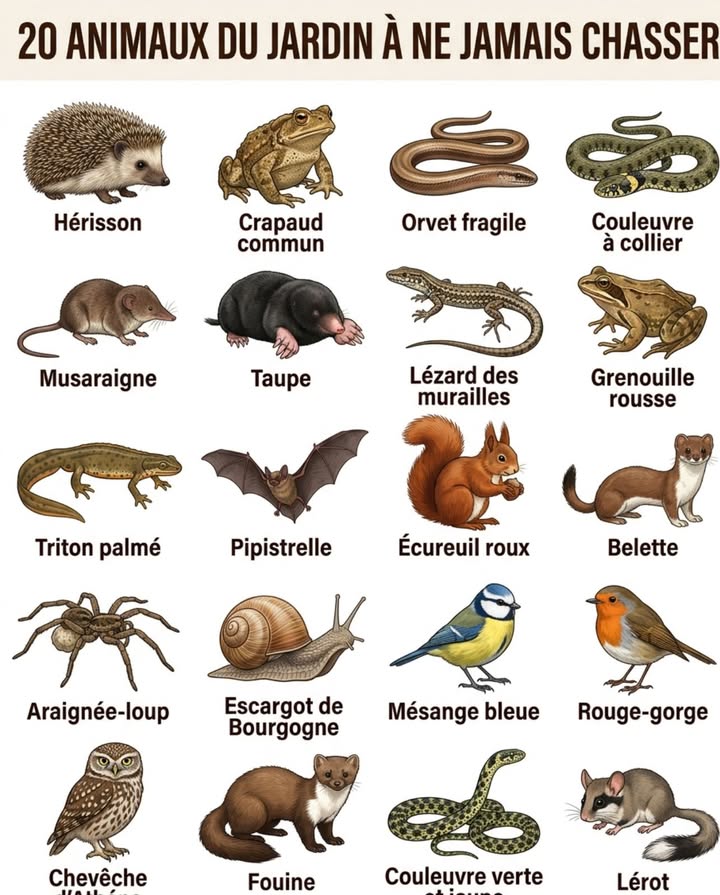 Ils creusent le gazon, traversent la terrasse, se glissent dans le compost et sinstallent sous le tas de bois. La plupart des jardiniers les chassent, les piègent ou appellent quelquun pour sen débarrasser. Chacun de ces 20 animaux remplit un rôle irremplaçable  les éliminer revient à couper les lignes de défense du jardin une par une.
Hérisson dEurope Erinaceus europaeus, consomme limaces, escargots, chenilles et larves chaque nuit  le meilleur anti-limaces du jardin, protégé par la loi  Crapaud commun Bufo bufo, chasse au sol la nuit dans les massifs et le potager, dévore limaces, cloportes, fourmis et chenilles en quantité massive  Orvet fragile Anguis fragilis, ce nest pas un serpent  cest un lézard sans pattes, totalement inoffensif, qui consomme limaces et vers blancs sous le compost  Couleuvre à collier Natrix helvetica, régule les populations de campagnols, crapauds et grenouilles, non venimeuse, fuit au moindre contact  Musaraigne commune Crocidura russula, mange son propre poids en insectes et larves chaque jour, métabolisme si rapide quelle meurt si elle jeûne 4 heures  Taupe dEurope Talpa europaea, ses galeries drainent leau de pluie et aèrent le sol en profondeur, elle consomme les larves de tipules et les vers blancs qui détruisent les racines  Lézard des murailles Podarcis muralis, chasse mouches, araignées, chenilles et fourmis sur les murs et les terrasses chaudes, protégé  Grenouille rousse Rana temporaria, régule moustiques, moucherons et petits invertébrés autour des points deau, protégée  Triton palmé Lissotriton helveticus, ses larves aquatiques dévorent les larves de moustiques dans les mares, protégé  Chauve-souris pipistrelle commune Pipistrellus pipistrellus, capture entre 1 000 et 3 000 moustiques et papillons de nuit par nuit, protégée  Écureuil roux Sciurus vulgaris, dissémine les graines de noisetier, noyer et chêne en oubliant ses caches  premier reboiseur involontaire du jardin, protégé  Belette Mustela nivalis, le plus petit carnivore dEurope, régule campagnols et mulots dans les haies et les talus  Araignée-loup Pardosa amentata, chasseuse active au sol sans toile, patrouille entre les rangs de légumes et capture mouches, pucerons ailés et petits coléoptères  Escargot de Bourgogne Helix pomatia, décomposeur qui recycle les matières végétales mortes et les champignons, protégé  sa coquille vide sert de refuge aux osmies  Mésange bleue Cyanistes caeruleus, un couple nourrit ses poussins avec 6 000 à 9 000 chenilles par couvée, meilleur insecticide vivant des arbres fruitiers  Rouge-gorge familier Erithacus rubecula, suit le jardinier qui bêche pour capturer vers, larves et insectes remontés à la surface  Chouette chevêche Athene noctua, chasse campagnols, gros insectes et vers de terre dans les vergers et les prairies, protégée  Fouine Martes foina, régule campagnols, rats et pigeons autour des bâtiments  souvent confondue avec un nuisible alors quelle protège les réserves de grain  Couleuvre verte et jaune Hierophis viridiflavus, le plus grand serpent des jardins du Midi, chasse rongeurs et lézards, impressionnante mais totalement inoffensive, protégée  Lérot Eliomys quercinus, petit dormeur des greniers qui disperse les graines de baies sauvages et régule les insectes dans les arbres fruitiers  en déclin marqué en Europe
Un jardin sans animaux nest pas un jardin maîtrisé. Cest un jardin qui a perdu ses alliés et qui compense avec des produits ce que la faune faisait gratuitement.
#AnimauxDuJardin #FauneSauvage #BiodiversitéAuJardin #JardinSansChimie
