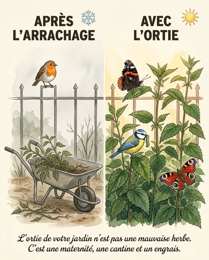 Lortie ne pique pas par méchanceté  cest un mécanisme de défense pour protéger lune des plantes les plus précieuses du jardin. Celui qui larrache enlève le seul support de reproduction de plusieurs espèces qui ne pondent nulle part ailleurs. Le vulcain, le paon-du-jour, la petite tortue et le robert-le-diable pondent exclusivement sur lortie. Pas à côté, pas sur une alternative  dessus. Chaque pied arraché détruit une nurserie complète, œufs compris. Dès avril, les mésanges et les rougegorges viennent chercher les chenilles dortie pour nourrir leurs poussins. Un seul nid de mésange bleue exige entre 6 000 et 9 000 chenilles par couvée  et lortie en fournit une part massive au moment exact où les nichées éclosent. Les feuilles en décomposition enrichissent le sol en azote et en fer. Le purin dortie, dilué à 10 %, remplace lengrais liquide pour tomates et courgettes sans aucun coût.Le carré dorties au fond du jardin nest pas un coin négligé. Cest une maternité, une cantine et un engrais dans la même plante.
#Ortie #PapillonsDeFrance #BiodiversitéAuJardin #JardinNaturel