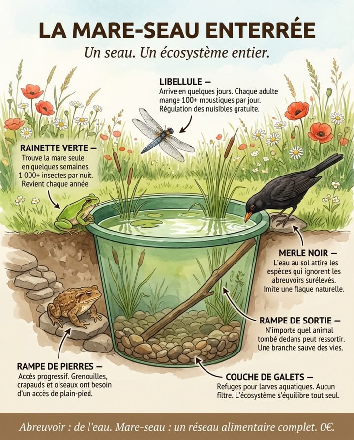 Un seau de 30 à 50 litres enterré à ras du sol. Zéro euro. Un réseau alimentaire complet.

La différence avec un abreuvoir : leau au niveau du sol, cest ce que 90% de la faune cherche. Les libellules arrivent en quelques jours, la rainette verte en quelques semaines  toutes seules.

Ce poster donne la construction étape par étape. 

#MareDeJardin #FauneJardin #JardinNaturel #BiodiversitéJardin
