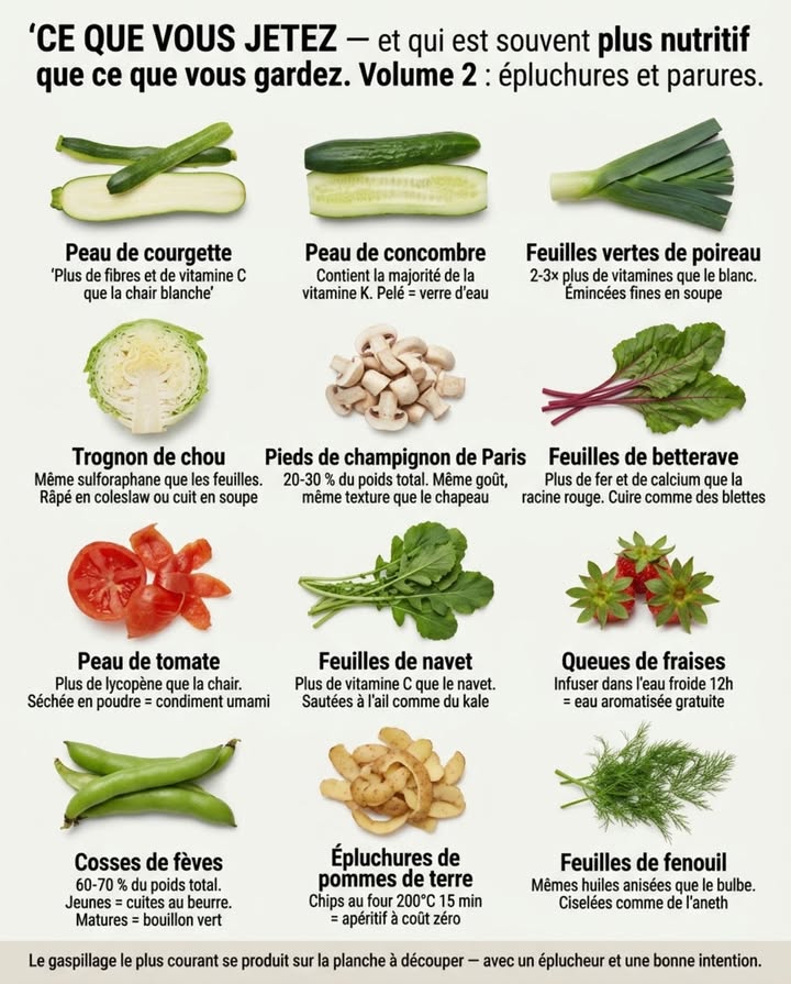 Chaque semaine, les épluchures de légumes du potager remplissent le compost ou la poubelle alors quelles contiennent souvent plus de nutriments que ce qui finit dans lassiette. La peau est la première barrière de défense de la plante  cest là que se concentrent les antioxydants, les fibres, les vitamines et les composés protecteurs que la plante a fabriqués pour résister aux UV, aux champignons et aux insectes. Peler un légume du potager revient à jeter le blindage et à manger lintérieur sans protection.

12 ÉPLUCHURES ET PARURES DE LÉGUMES DU POTAGER QUE VOUS POUVEZ MANGER :

Peau de courgette  la majorité des jardiniers qui cultivent des courgettes les pèlent avant de les cuisiner. La peau de courgette est parfaitement comestible, tendre et contient plus de fibres, de vitamine C et de bêta-carotène que la chair blanche à lintérieur. Plus la courgette est jeune et petite 15 à 20 cm, plus la peau est tendre. Les grosses courgettes oubliées sur le pied 40 cm et plus ont une peau épaisse et coriace  dans ce cas, la peler se justifie. Mais la courgette récoltée à la bonne taille se cuisine entière  peau comprise  en rondelles sautées, en gratin, en soupe ou en beignets.

Peau de concombre  la peau vert foncé du concombre contient la majorité de sa vitamine K et de ses fibres. Le concombre pelé est composé à 96 % deau et contient peu de nutriments. Le concombre entier avec sa peau est un légume. Le concombre pelé est un verre deau en forme de cylindre. Si la peau est amère certaines variétés anciennes produisent de la cucurbitacine concentrée dans la peau, ne manger que la moitié de la peau en alternant les bandes  pelé une bande sur deux, le concombre garde la moitié de ses nutriments et perd la moitié de son amertume.

Feuilles extérieures de poireau  les feuilles vert foncé du sommet du poireau sont systématiquement coupées et jetées parce quelles sont  trop dures . Elles contiennent deux à trois fois plus de vitamine C, de vitamine K et de bêta-carotène que la partie blanche. La clé est la cuisson  les feuilles vertes sont plus fibreuses et nécessitent 10 à 15 minutes de cuisson supplémentaire par rapport au blanc. Émincées finement et ajoutées en début de cuisson dans une soupe, un gratin ou un risotto, elles ramollissent complètement et apportent une couleur verte et une saveur plus intense que le blanc. Les feuilles les plus externes abîmées, terreuses, jaunes vont au compost  mais les deux à trois rangs de feuilles vertes intactes entre le vert foncé et le blanc sont le meilleur morceau du poireau.

Trognon de chou  le cœur dur et blanc du chou pommé, rouge, frisé est coupé et jeté par réflexe. Cru, il est effectivement dur  mais il est comestible et contient la même concentration de sulforaphane composé anticancéreux documenté que les feuilles. Râpé finement au couteau ou à la mandoline, il sintègre dans un coleslaw ou une salade de chou cru. Cuit dans une soupe ou un pot-au-feu pendant 30 minutes, il devient tendre et apporte du corps au bouillon. Le trognon dun chou de 1,5 kg pèse entre 100 et 200 grammes  cest un repas entier pour une personne qui part à la poubelle chaque fois quun chou est cuisiné.

Pieds de champignons de Paris  la base terreuse du pied le dernier centimètre en contact avec le substrat de culture est à retirer. Le reste du pied est parfaitement comestible  même texture que le chapeau, mêmes nutriments, même saveur. Le pied du champignon de Paris représente entre 20 et 30 % du poids total  un quart du produit acheté qui finit au compost dans la majorité des cuisines. Les pieds se cuisinent exactement comme les chapeaux  sautés, en soupe, en duxelles, en omelette. Si la texture plus ferme du pied déplaît, le hacher finement au couteau  il disparaît dans la préparation.

Feuilles de betterave  les feuilles rougeâtres et nervurées de la betterave sont un légume à part entière  elles se cuisinent exactement comme les blettes même famille botanique : les Chenopodiaceae. Les côtes les nervures épaisses se sautent à la poêle avec de lail pendant 5 minutes, les feuilles le limbe sajoutent ensuite et cuisent en 2 minutes. La saveur est terreuse et douce  plus subtile que la betterave elle-même. Les feuilles de betterave contiennent davantage de fer, de calcium et de vitamine A que la racine rouge. Le jardinier qui arrache ses betteraves et jette les feuilles au compost jette le légume le plus nutritif de sa récolte.

Peau de tomate  les recettes classiques de coulis, de sauce et de soupe de tomates demandent de  peler les tomates  avant utilisation. La peau de tomate contient plus de lycopène antioxydant majeur que la chair  et la cuisson augmente la biodisponibilité du lycopène au lieu de la réduire. Peler les tomates pour un coulis supprime la source principale du composé qui fait la valeur nutritionnelle du coulis. Alternative : mixer les tomates entières peau comprise dans le coulis et passer au tamis fin si la texture des peaux dérange. Les peaux retenues par le tamis se sèchent au four à 80C pendant 2 heures et se réduisent en poudre  la  poudre de peau de tomate  est un condiment concentré en umami et en lycopène qui sajoute aux sauces, aux soupes et aux marinades.

Feuilles de navet  les fanes vertes du navet sont un légume de la famille du chou  elles se cuisinent exactement comme le chou kale brassicacée, même profil nutritionnel. Sautées à la poêle avec de lail et un filet de sauce soja, elles sont prêtes en 3 minutes. En soupe, elles apportent une saveur légèrement piquante et poivrée. Les fanes de navet contiennent plus de vitamine C que le navet lui-même.

Queues de fraises  la partie verte le calice  le pédoncule de la fraise est systématiquement coupée et jetée. Le calice est comestible mais sans intérêt gustatif. En revanche, la partie rouge entre le calice et la chair le premier centimètre sous les feuilles vertes est le morceau le plus parfumé et le plus concentré en arôme de la fraise  le couper avec le calice jette le meilleur de la fraise. La technique correcte : pincer et tourner le calice vert pour le détacher SANS couper la chair rouge en dessous. Les queues vertes accumulées se jettent dans une carafe deau froide au réfrigérateur pendant 12 heures  leau prend une saveur de fraise légère et rafraîchissante. Leau de queues de fraises est un classique zéro déchet.

Cosses de fèves  les cosses vertes épaisses des fèves fraîches la grande gousse qui contient les grains sont jetées après écossage  elles représentent 60 à 70 % du poids total de la récolte. Les cosses jeunes et tendres récoltées quand les fèves à lintérieur sont encore petites sont entièrement comestibles  cuites à la vapeur 10 minutes puis sautées au beurre, elles ont une saveur de haricot vert avec une texture plus charnue. Les cosses matures et fibreuses quand les grains sont gros se cuisent en bouillon pendant 30 minutes  le bouillon de cosses de fèves est parfumé et vert, utilisable comme base de soupe ou de risotto. Filtrer et jeter les cosses après extraction du bouillon.

Épluchures de pommes de terre  les pommes de terre du potager non traitées se mangent avec leur peau dans la majorité des préparations  pommes de terre rissolées, au four, en gratin, en salade. La peau contient la majorité des fibres et du potassium. Les épluchures restantes quand la purée exige un pelage se transforment en chips de peau : disposer les épluchures sur une plaque de four, arroser dun filet dhuile dolive, saler et cuire à 200C pendant 15 à 20 minutes jusquà ce quelles soient dorées et croustillantes. Les chips de peau de pomme de terre sont un apéritif addictif à coût zéro.

Feuilles de fenouil  les plumeaux vert tendre au sommet du bulbe de fenouil sont coupés et jetés dans la majorité des cuisines. Ils concentrent les mêmes huiles essentielles anisées que le bulbe  en version plus douce et plus herbacée. Ciselés finement, ils remplacent laneth dans les salades de concombre, les marinades de poisson et les sauces au yaourt. Séchés à lair pendant trois jours et réduits en poudre, ils deviennent un condiment anisé qui se conserve un an dans un bocal hermétique.

Le potager zéro déchet ne commence pas par un changement de culture  il commence par un changement de regard dans la cuisine. Chaque épluchure posée sur la planche à découper est un choix : compost ou assiette. La réponse dépend dune seule question   est-ce que je la jette parce quelle nest pas comestible, ou est-ce que je la jette parce que jai toujours vu quelquun la jeter ? 

Le gaspillage alimentaire le plus courant ne se produit pas au supermarché. Il se produit sur la planche à découper  avec un éplucheur et une bonne intention.

#ÉpluchuresComestibles #ZéroDéchet #PotagerÀTable #AntiGaspillage #CuisineIntégrale