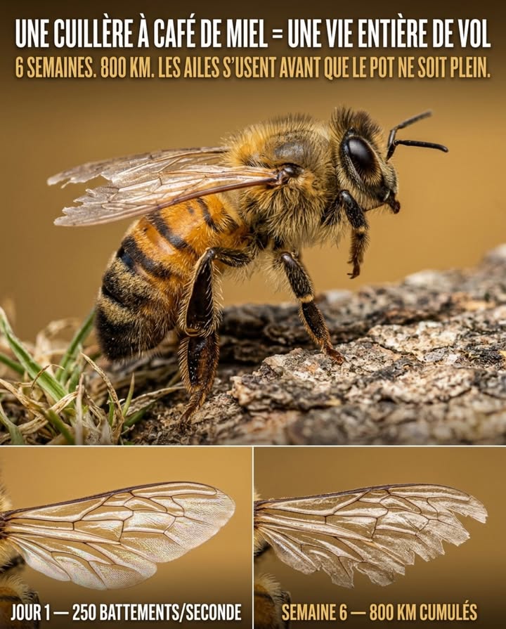 Il faut à une abeille ouvrière voler léquivalent de trois fois le tour de la Terre pour produire une cuillère à café de miel au cours de sa vie entière. Elle vivra six semaines en été  et mourra les ailes usées.

 Lusure des ailes est la cause directe de la mort de louvrière. Les ailes dune abeille domestique battent entre 200 et 250 fois par seconde  soit 12 000 à 15 000 battements par minute pendant chaque vol de collecte. Après 500 à 800 kilomètres cumulés de vol, les ailes se déchirent, seffilochent et perdent leur rigidité. Louvrière incapable de voler ne rentre pas à la ruche  elle tombe au sol à quelques mètres de lentrée et meurt seule, dans lherbe, sans que personne ne la remarque.

La reine vit entre trois et cinq ans. Elle ne quitte presque jamais la ruche. Elle pond jusquà 2 000 œufs par jour au pic de la saison. Chaque œuf est une ouvrière potentielle qui vivra six semaines et mourra les ailes usées.

La colonie est immortelle. Les individus sont consommables. Le système tient parce que chaque ouvrière accepte dêtre remplacée avant davoir vu le résultat de son travail.

Un pot de miel ne contient pas seulement du sucre. Il contient des centaines de vies courtes et complètes. 

#AbeilleDomestique #VieDesAbeilles #PollinisateursFrance #ApiultureFrance