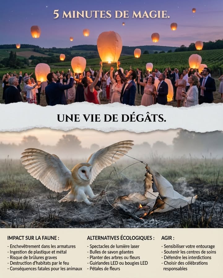 5 minutes de magie.
Une vie de dégâts.

Les lanternes célestes disparaissent de votre vue en quelques minutes.
Les dégâts durent des années.

– Les lanternes retombent dans les forêts, champs et zones humides  souvent encore en feu
– Effraies des clochers, buses et passereaux se prennent dans les armatures métalliques
– Les matériaux de nidification prennent feu, détruisant des colonies entières
– Le bétail ingère les débris de lanternes et souffre de blessures internes
– Les armatures métalliques ne se décomposent pas  elles piègent la faune pendant des décennies
– Des milliers de feux de forêt ont été causés par un seul lâcher de lanternes

En France, les lanternes célestes sont interdites dans de nombreuses communes en raison des risques dincendie et de limpact sur la faune.

Célébrez vos moments sans destruction : utilisez des bougies LED, des guirlandes lumineuses, des projections ou des pétales de fleurs.