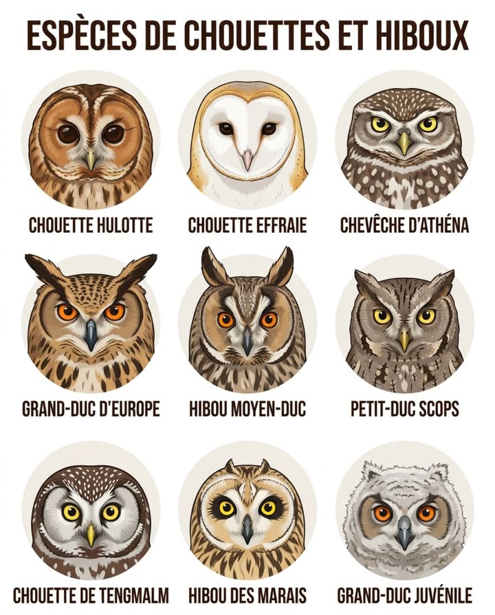 Neuf rapaces nocturnes. Tous construits pour chasser dans lobscurité  aucun ne découpe la nuit de la même façon.
La chouette hulotte chasse à loreille pure dans les forêts fermées, capable de localiser un campagnol sous la neige grâce à lasymétrie de ses oreilles internes  chaque oreille est placée à une hauteur différente sur le crâne, ce qui lui donne une triangulation verticale du son que aucun autre prédateur ne possède. La chouette effraie couvre les prairies ouvertes en vol silencieux rasant, son disque facial en forme de cœur fonctionnant comme une antenne parabolique qui concentre les sons les plus faibles vers les conduits auditifs.
礪 Le grand-duc dEurope est le plus grand rapace nocturne au monde  envergure de 170 cm, capable de tuer un renardeau ou un héron. La chevêche dAthéna chasse de jour comme de nuit, perchée sur les piquets de clôture des vergers et des prairies pâturées. Le hibou moyen-duc se camoufle verticalement contre un tronc en journée, ses aigrettes dressées brisant sa silhouette. Le petit-duc scops, le plus petit, migre dAfrique chaque printemps pour chasser les papillons de nuit et les sauterelles dans les garrigues du sud.
La chouette de Tengmalm niche dans les trous de pic noir en altitude et chasse les mulots dans les forêts de résineux. Le hibou des marais patrouille les prairies humides en plein jour avec un vol chaloupé  souvent confondu avec un busard par les observateurs débutants. Leffraie des clochers, malgré son nom unique, est la même espèce que la chouette effraie  un seul oiseau sous deux noms français, ce qui crée une confusion que même les naturalistes entretiennent.
En France, sept espèces nicheuses régulières : hulotte dans les bois, effraie dans les granges, chevêche dans les vergers, grand-duc sur les falaises, moyen-duc dans les haies denses, petit-duc dans le Midi, Tengmalm dans les forêts daltitude. Les reconnaître commence par le chant  chaque espèce a une signature vocale unique quon entend bien avant de les voir.
#RapacesNocturnes #ChouetteHulotte #GrandDuc #ChouetteEffraie