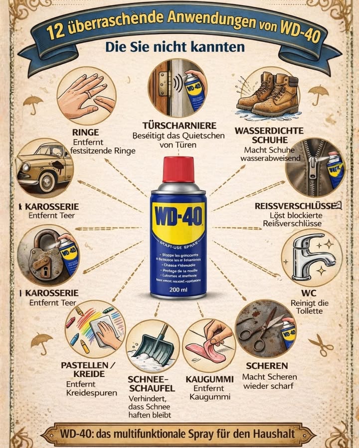 12 überraschende Anwendungen von WD-40, die Sie nicht kannten!

Die meisten kennen WD-40 nur, um quietschende Türen zu reparieren
 Aber wussten Sie, dass dieses Spray im Alltag viel mehr kann?

Hier sind einige clevere und überraschende Einsatzmöglichkeiten, die Ihnen Zeit, Mühe und Nerven sparen können 

 Festsitzende Ringe entfernen
 Quietschende Türscharniere stoppen
 Schuhe wasserabweisend machen
 Blockierte Reißverschlüsse lösen
 Teer von der Karosserie entfernen
 Scheren wieder scharf machen
 Kaugummi rückstandslos entfernen
 Kreidespuren beseitigen
 Verhindern, dass Schnee an der Schneeschaufel klebt
 WC reinigen und Kalk lösen

 Ein echtes Multitalent für Haushalt, Garage und Alltag!