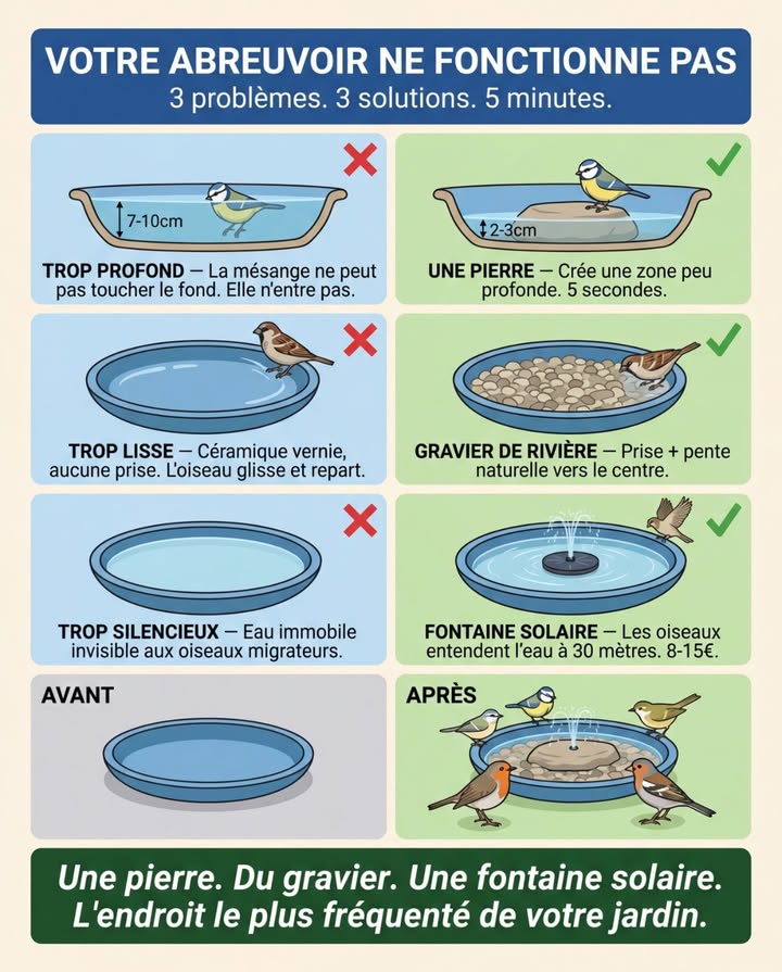 Votre abreuvoir est vide parce quil a été conçu pour lœil humain, pas pour un oiseau de 12 cm.

直 Trop profond : une pierre plate au centre crée une zone à 2-3 cm  les mésanges et pouillots peuvent poser pied.

 Trop lisse : quelques poignées de gravier de rivière donnent une prise et une pente naturelle.

 Trop silencieux : les oiseaux trouvent leau au son. Une fontaine solaire 8-15 attire depuis 30 mètres  oiseaux migrateurs inclus.

Une pierre. Du gravier. Une pompe solaire. Lendroit le plus fréquenté de votre jardin.

#AbreuvoirJardin #FauneJardin #OiseauxFrance #JardinNaturel