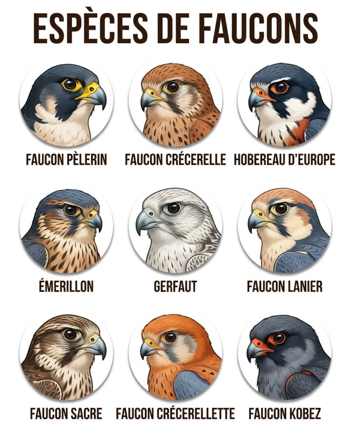 Neuf faucons. Tous construits pour la vitesse  aucun ne lutilise de la même façon.
Le faucon pèlerin plonge en piqué à plus de 300 km/h sur des oiseaux en vol libre. Le faucon crécerelle fait le point fixe face au vent, immobile dans les airs, les yeux rivés sur un campagnol dans lherbe trente mètres plus bas. Le hobereau dEurope intercepte des hirondelles et des libellules en vol acrobatique à pleine vitesse. Lémerillon chasse au ras du sol comme un petit missile, surprenant les alouettes dans les prairies ouvertes.
礪 Même bec crochu avec une dent tomial tranchante  la marque des vrais faucons, absente chez les aigles et les buses. Mêmes ailes pointues taillées pour le vol actif. Mais la silhouette change tout : le gerfaut arctique, le plus grand de tous, domine les lagopèdes sur la toundra avec une puissance brute que le crécerellette, trois fois plus petit, compense par lagilité dans les essaims dinsectes.
Le faucon lanier et le faucon sacre occupent les steppes dAfrique et dAsie centrale avec un vol de poursuite au sol  moins spectaculaire que le piqué du pèlerin, plus endurant. Le faucon kobez migre dAfrique australe jusquen Europe de lEst chaque printemps pour chasser les insectes en vol  un faucon insectivore, presque impensable pour qui associe cette famille aux prédateurs doiseaux.
En France, quatre espèces nicheuses régulières : le pèlerin sur les falaises et les cathédrales, le crécerelle au bord des autoroutes, le hobereau dans les lisières boisées, lémerillon en hivernage dans les grandes plaines.
#Faucons #RapacesFrance #FauconPèlerin #FauconCrécerelle