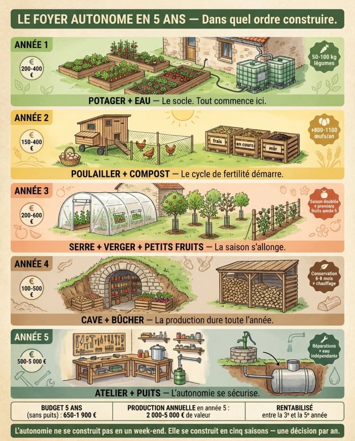 Les 8 éléments du foyer autonome ne fonctionnent pas en parallèle. Ils fonctionnent en boucle  chaque élément nourrit le suivant, rien ne sort du système et la seule entrée extérieure est le soleil et la pluie. La serre produit les plants. Le potager produit les légumes. Le poulailler produit les œufs et le fumier. Le fumier nourrit le compost. Le compost nourrit le potager. Les déchets du potager nourrissent les poules. La cave stocke les surplus. La boucle tourne douze mois sur douze sans aucun achat extérieur sauf les graines de la première année  après quoi le jardinier produit ses propres semences et la boucle se ferme complètement.

LE CYCLE ALIMENTAIRE  COMMENT LES 8 ÉLÉMENTS SE CONNECTENT :

JANVIER-FÉVRIER : la serre démarre le cycle. Pendant que le potager extérieur est au repos sous le gel, la serre adossée au mur sud de la maison principale élément 2 maintient une température de 5 à 15C grâce à linertie thermique du mur de pierre. Les semis de tomates, poivrons, aubergines et courgettes sont lancés en godets dès février. Les salades dhiver mâche, claytone, épinards continuent de produire sous la serre pendant que la neige couvre le potager. La cave à légumes élément 6 fournit les pommes de terre de semence germées sur des clayettes depuis décembre  les germes de 2 à 3 cm signalent que le tubercule est prêt à planter.

La cave à légumes nest pas un réfrigérateur. Cest un espace souterrain ou semi-enterré qui maintient naturellement une température de 4 à 10C et une humidité de 80 à 95 % toute lannée  les conditions idéales de conservation des légumes-racines, des courges, des pommes et des conserves. Un caveau de 6 à 8 m sous la maison ou creusé dans un talus conserve la production dété pendant six à huit mois  les pommes de terre daoût tiennent jusquen mars, les carottes dans le sable humide tiennent jusquen avril, les courges de stockage butternut, potimarron, musquée de Provence tiennent jusquen février, les pommes de garde jusquen mars.

MARS-AVRIL : le poulailler entre dans le cycle. Les quatre à six poules pondeuses élément 3 sont en pic de ponte  entre 4 et 6 œufs par jour pour le foyer. Mais le rôle principal du poulailler en mars nest pas les œufs  cest la préparation du sol. Lenclos mobile est déplacé sur les planches de potager qui vont recevoir les cultures gourmandes tomates, courges, courgettes. Les poules grattent la surface pendant deux à trois semaines  elles mangent les larves hivernantes, les graines dadventices et les limaces, décompactent les premiers centimètres du sol et déposent leurs fientes directement sur la planche. Quand lenclos est déplacé, la planche est prête à planter sans bêchage, sans motoculteur et sans engrais.

Le fumier du poulailler raclé du plateau de déjections sous le perchoir tous les deux à trois jours est versé dans le composteur à trois bacs situé au fond du terrain. Le fumier de poule est trop riche en azote pour être appliqué directement sur les cultures  il brûlerait les racines. Après trois mois de compostage avec les déchets verts du potager et de la cuisine, il devient le meilleur engrais du foyer  plus concentré en azote, phosphore et potassium que nimporte quel produit commercial.

MAI-JUIN : le potager est en production maximale. Les plants élevés en serre depuis février sont repiqués en pleine terre après les Saints de Glace 11-13 mai. Les six à huit planches surélevées produisent simultanément  salades, radis, pois, fèves, carottes, betteraves, oignons, ail. Leau darrosage vient des récupérateurs deau de pluie élément 4  deux à quatre cuves de 1 000 litres connectées aux gouttières de la maison et de la grange. Un toit de 80 m collecte environ 56 000 litres de pluie par an en climat français moyen  largement plus que les 15 000 à 20 000 litres nécessaires au potager et au poulailler. Le système de goutte-à-goutte connecté aux cuves par gravité distribue leau aux pieds des plants sans gaspillage.

Les épluchures de cuisine, les fanes de carottes, les feuilles de choux abîmées et les surplus du potager vont aux poules  elles transforment les déchets végétaux en œufs et en fumier. Ce que les poules ne mangent pas agrumes, oignons, pommes de terre crues va directement au composteur. Rien ne sort du terrain. Rien ne va à la poubelle verte de la collecte municipale.

JUILLET-AOÛT : la conserverie et le stockage. La production dépasse les besoins quotidiens  les tomates, les courgettes, les haricots et les fruits du verger arrivent en masse. Latelier élément 7 sert de conserverie : stérilisation des bocaux de tomates, de ratatouille et de haricots verts au stérilisateur un investissement de 50 à 100 euros qui dure des décennies, séchage des herbes aromatiques suspendues aux poutres, séchage des haricots à écosser sur des clayettes, préparation des confitures et des coulis.

La cave à légumes commence à recevoir les premiers stockages  ail et oignons tressés et suspendus récoltés en juillet, stockables jusquen mars, bocaux stérilisés alignés sur les étagères, premières courges de stockage posées sur des clayettes en bois. Le congélateur alimenté en partie par les panneaux solaires si le foyer en dispose complète le dispositif pour les fruits et les légumes qui ne se conservent pas en bocal ni en cave.

SEPTEMBRE-OCTOBRE : la grande récolte et la préparation de lhiver. Les pommes de terre, les carottes, les betteraves et les navets sont arrachés et descendus en cave  dans des caisses remplies de sable légèrement humide qui maintient les racines fermes pendant des mois. Les courges de stockage sont rentrées avant les premières gelées et posées en cave sur de la paille. Les pommes de garde Reinette Clochard, Reinette grise du Canada sont cueillies et stockées en cave sur des clayettes  chaque pomme espacée de la suivante pour éviter la propagation de la pourriture.

Le bûcher élément 5 est plein. Le bois coupé et fendu au printemps a séché tout lété sous lappentis ventilé  le taux dhumidité est descendu de 40-50 % bois frais à 15-20 % bois sec, prêt à brûler. Un foyer autonome en zone rurale consomme entre 5 et 10 stères de bois par hiver pour le chauffage poêle à bois ou cheminée-insert et la cuisson dappoint. Le bois vient du terrain élagage du verger, taille de la haie, cépée de saules ou dun échange avec un voisin forestier  le circuit est local, le coût est le temps de travail.

Le puits ou la citerne élément 8 est la sécurité ultime. Les récupérateurs deau de pluie couvrent les besoins du jardin et du poulailler. Le puits couvre les besoins de la maison en cas de coupure du réseau  arrosage durgence, eau pour les animaux, eau filtrée pour lusage domestique si le puits est aux normes sanitaires. La citerne souterraine de 5 000 à 10 000 litres, alimentée par les gouttières et le trop-plein des cuves, sert de réserve stratégique pour les sécheresses prolongées.

NOVEMBRE-DÉCEMBRE : le système tourne au ralenti mais ne sarrête pas. La serre produit les salades dhiver. Les poules pondent moins baisse de la photopériode mais continuent de fournir deux à trois œufs par jour. La cave à légumes fournit les pommes de terre, les carottes, les betteraves, les courges, les pommes et les conserves de lété. Le bûcher fournit le combustible. Latelier sert à réparer les outils, à construire les nouvelles planches de potager pour la saison suivante et à fabriquer les tuteurs et les châssis.

Le foyer ne consomme presque rien de lextérieur entre novembre et mars  les légumes viennent de la cave, les œufs du poulailler, les fruits du stockage, la chaleur du bûcher, leau du puits et des cuves. Le supermarché fournit le reste  farine, huile, sucre, produits laitiers, viande  mais la part achetée diminue chaque année à mesure que le système mûrit.

La boucle est fermée. Les déchets de la cuisine nourrissent les poules. Les poules nourrissent le compost. Le compost nourrit le potager. Le potager nourrit la cave. La cave nourrit la cuisine. La pluie remplit les cuves. Les cuves arrosent le potager. Le bois chauffe la maison. La cendre du bois fertilise le verger. Rien ne sort. Tout circule.

#CycleAlimentaire #FoyerAutonome #BoucleFermée #AutonomieAlimentaire #PermacultureFamiliale