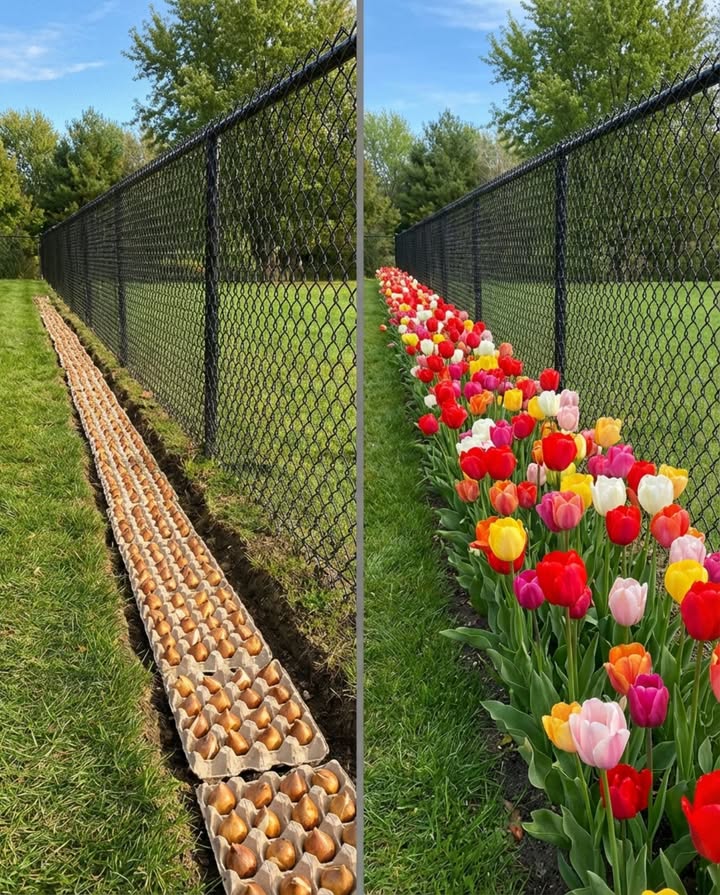 Les boîtes à œufs espacent les bulbes de tulipes parfaitement  sans mesurer, sans rater. 

La boîte sert de gabarit de positionnement : on la pose dans la tranchée, un bulbe par alvéole, et on recouvre. En carton, elle se décompose naturellement dans le sol au cours de lhiver. Le résultat au printemps : une bordure régulière et dense sans le moindre effort de calcul.

À planter en octobre-novembre, avant les premières gelées. Profondeur : environ 3 fois la hauteur du bulbe, pointe vers le haut.

#tulipes #bulbesdeprintemps #jardinageautomne #astucedejardinage