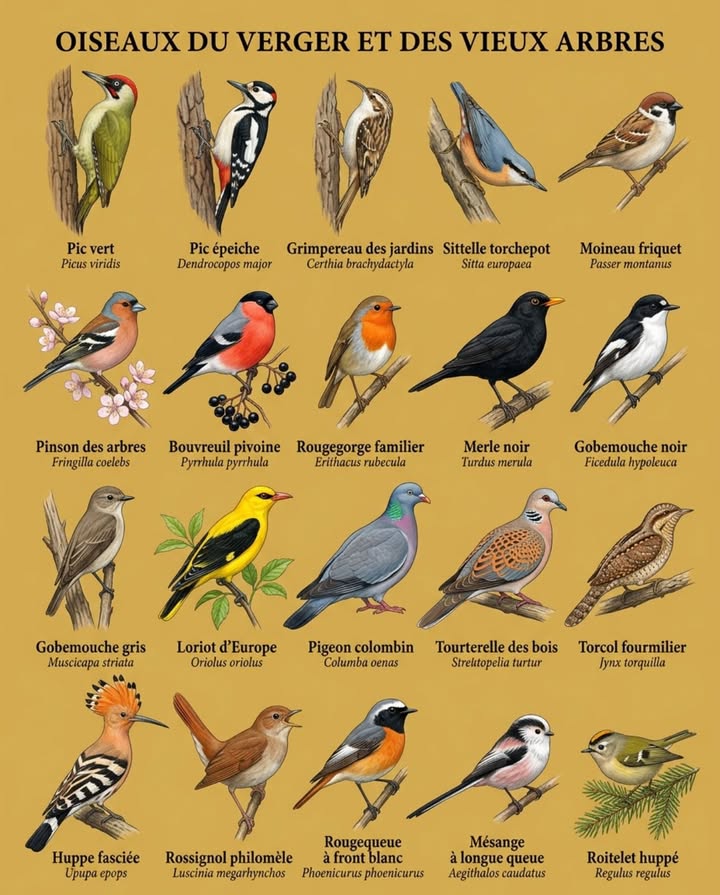 Ces vingt espèces vivent dans la structure verticale dun vieux verger  pas dans les fruitiers taillés court, mais dans les arbres laissés en volume avec leurs cavités, leurs branches mortes et leur lierre. 

Quelques comportements que limage ne montre pas :
La sittelle réduit lentrée de la cavité avec de la boue séchée jusquà la bonne dimension  aucun étourneau ne passe.
Le grimpereau monte en spirale sur lécorce : il ne visite pas larbre, il chasse dans les crevasses.
Le pic épeiche tambourine en mars sur une branche creuse sèche choisie pour sa résonance  cest un marquage territorial, pas une recherche dinsectes.
Le moineau friquet se distingue du domestique par sa joue blanche avec un point sombre central. La plupart des observateurs ne font pas la différence. 

Un vieux verger laissé en volume avec ses imperfections accueille tout cela. Un verger rasé, non.

#oiseauxDuVerger #vieuxArbres #biodiversitéJardin #LPO