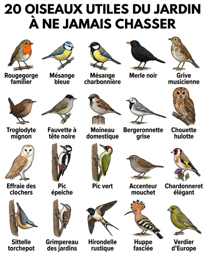 Ils traversent la pelouse au petit matin, tapent contre les vitres en automne et nichent sous les tuiles sans demander la permission. La plupart des jardiniers les ignorent, les chassent à grands gestes ou les considèrent comme du décor sonore. Chacun de ces 20 oiseaux élimine un ravageur spécifique  les faire fuir revient à ouvrir la porte aux parasites.

Rougegorge familier Erithacus rubecula, suit le jardinier qui bêche pour capturer larves et vers mis à nu  Mésange bleue Cyanistes caeruleus, une famille consomme jusquà 10 000 chenilles pendant lélevage des poussins  Mésange charbonnière Parus major, lun des rares oiseaux capables de vider un nid de chenilles processionnaires  Merle noir Turdus merula, arrache les larves de tipules dans la pelouse et régule les limaces au crépuscule  Grive musicienne Turdus philomelos, seul oiseau du jardin qui casse les escargots sur une pierre-enclume, toujours la même  Troglodyte mignon Troglodytes troglodytes, 9 grammes, se faufile dans les fissures pour atteindre les pucerons et araignées que personne dautre ne trouve  Fauvette à tête noire Sylvia atricapilla, dévore chenilles, mouches et pucerons dans lépaisseur des haies  Moineau domestique Passer domesticus, granivore à lâge adulte mais nourrit ses poussins exclusivement dinsectes pendant trois semaines  Bergeronnette grise Motacilla alba, spécialiste des mouches et moustiques quelle attrape en courant sur les surfaces planes  Chouette hulotte Strix aluco, un couple contrôle jusquà 3 000 campagnols et mulots par an dans un rayon de quelques hectares  Effraie des clochers Tyto alba, chasse en vol silencieux, régule les populations de rongeurs dans les vergers et potagers périphériques  Pic épeiche Dendrocopos major, fore lécorce pour extraire les larves xylophages que les traitements de surface natteignent pas  Pic vert Picus viridis, langue de dix centimètres quil enfonce dans les galeries de fourmis au sol  Accenteur mouchet Prunella modularis, discret, fouille la litière sous les haies, consomme insectes et graines de plantes adventices  Chardonneret élégant Carduelis carduelis, se nourrit presque exclusivement de graines de chardons, séneçons et centaurées  il désherbe  Sittelle torchepot Sitta europaea, descend les troncs la tête en bas pour trouver les larves que les pics, qui montent, ont manquées  Grimpereau des jardins Certhia brachydactyla, bec fin et courbe qui fouille chaque fissure décorce à la recherche de micro-insectes  Hirondelle rustique Hirundo rustica, capture entre 600 et 850 insectes volants par jour, moustiques et mouches en priorité  Huppe fasciée Upupa epops, long bec qui sonde le sol pour extraire courtilières, larves de hannetons et vers blancs  Verdier dEurope Chloris chloris, régule les graines de mauvaises herbes, visite les mangeoires lhiver mais patrouille les plates-bandes le reste de lannée

Un jardin sans oiseaux nest pas un jardin silencieux. Cest un jardin sans défense aérienne.

#OiseauxDuJardin #BiodiversitéAuJardin #JardinNaturel #LPO
