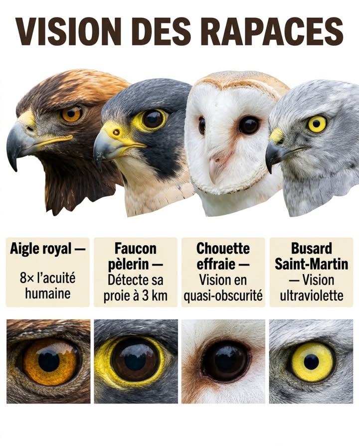 Vision des rapaces
Une précision impressionnante
Les rapaces possèdent lune des vues les plus perfectionnées du règne animal
Le plus précis
Laigle royal voit jusquà huit fois mieux quun œil humain
Des chasseurs nocturnes
La chouette effraie chasse dans une obscurité quasi totale grâce à son ouïe et ses yeux ultra-sensibles
Des détecteurs invisibles
Le busard Saint-Martin voit les ultraviolets et suit les traces durine des campagnols dans lherbe
Un outil vital
Chaque espèce a développé une vue adaptée à son mode de chasse et à sa proie
#rapaces #nature #animaux