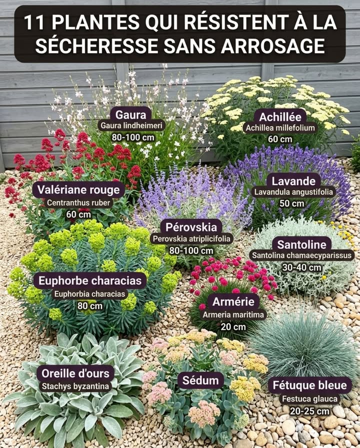 Ces 11 vivaces ne survivent pas à la sécheresse  elles y prospèrent. La nuance change tout dans la composition dun massif. 

Trois stratégies dadaptation visibles ici : les feuillages argentés oreille dours, achillée, santoline réfléchissent la lumière et captent la rosée matinale. Les coussins compacts armérie, sédum, fétuque bleue réduisent lévaporation à presque rien. Les racines pivotantes profondes pérovskia, valériane rouge, gaura captent lhumidité là où le sol paraît sec en surface.

Leuphorbe characias et le gaura apportent la hauteur et le mouvement. La lavande et la santoline structurent les plans intermédiaires. Le sédum et la fétuque bleue tapissent le premier plan sans jamais demander deau. 

Un massif conçu avec ces plantes ne ressemble pas à un compromis face à la chaleur. Il ressemble au sud de la France en pleine forme  même en août.

#MassifSécheresse #VivacesRésistantes #JardinSansArrosage #MassifMéditerranéen
