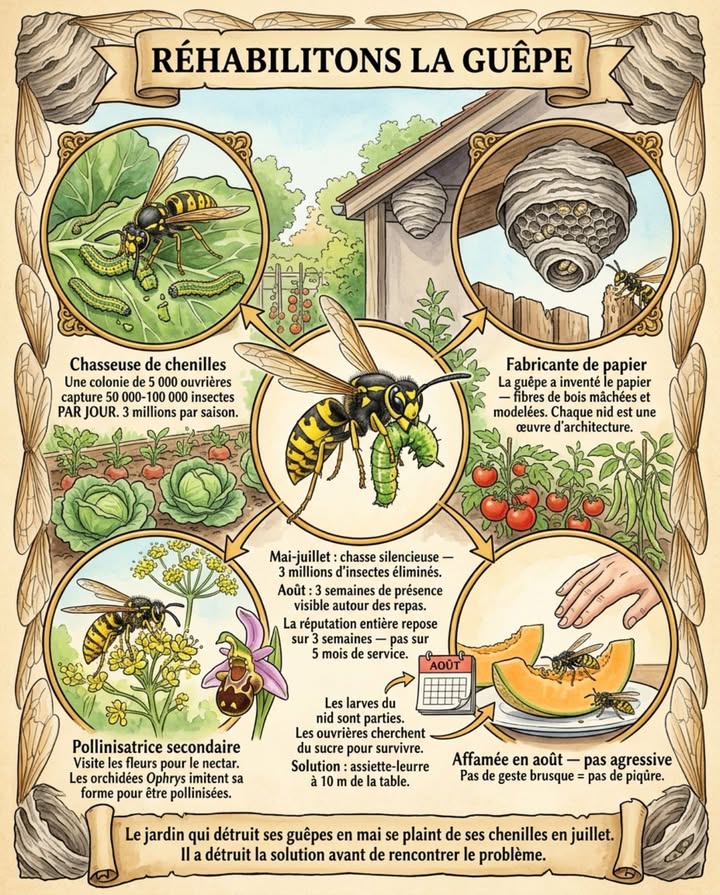 La guêpe qui tourne autour de votre assiette en août nest pas venue pour vous gâcher le repas. Elle est venue parce quelle a faim  et pendant les cinq mois précédents, elle a nourri ses larves avec les chenilles, les mouches et les pucerons de votre jardin sans que vous ne la remarquiez une seule fois.

La guêpe commune Vespula vulgaris et la guêpe germanique Vespula germanica sont les deux espèces les plus courantes dans les jardins français  et les plus détestées. Personne ne les défend. Personne ne demande leur réhabilitation. Personne ne leur attribue le moindre mérite. Le réflexe est universel : écraser, pulvériser, piéger, empoisonner. La guêpe est le seul animal du jardin pour lequel aucun défenseur ne prend la parole  même les gens qui protègent les araignées et les serpents détestent les guêpes.

CE QUE LA GUÊPE FAIT DAVRIL À JUILLET  QUAND PERSONNE NE LA REGARDE :

La reine fondatrice sort dhibernation en mars-avril, construit un nid de la taille dune balle de golf en fibres de bois mâchées le papier naturel  la guêpe a inventé le papier avant lhumanité et pond ses premiers œufs. Les premières ouvrières éclosent en mai et commencent immédiatement à chasser. Leur mission exclusive pendant trois mois est de nourrir les larves du nid avec des protéines animales  des insectes capturés, tués, découpés et ramenés au nid sous forme de boulettes de viande.

Une colonie de guêpes communes en pleine activité juillet compte entre 3 000 et 5 000 ouvrières. Chaque ouvrière effectue entre 10 et 20 sorties de chasse par jour. Chaque sortie rapporte un insecte  une chenille, une mouche, un puceron ailé, un moucheron, une larve de tipule, un petit papillon de nuit. Une colonie de 5 000 ouvrières capture entre 50 000 et 100 000 insectes par jour  entre 1,5 et 3 millions dinsectes par saison.

Le volume de prédation dun seul nid de guêpes est supérieur à celui de toutes les mésanges, de tous les rouges-gorges et de tous les carabes du jardin combinés. La guêpe est le premier prédateur dinsectes du jardin par le volume  devant les oiseaux, devant les araignées, devant les coccinelles. Et personne ne le sait parce que la chasse se fait en silence, en vol, entre les rangs de légumes, pendant que le jardinier regarde ailleurs.

Les chenilles de piérides du chou  les chenilles vertes qui dévorent les choux, les brocolis et les navets du potager  sont la proie préférée de la guêpe commune. Une ouvrière de guêpe découpe une chenille de piéride en morceaux de 2 à 3 mm en quelques minutes et transporte chaque morceau au nid. Un nid de guêpes situé dans un rayon de 200 mètres du potager supprime la majorité des chenilles de piérides avant quelles natteignent le stade de dégâts visibles sur les choux.

Les mouches domestiques, les mouches de la viande et les mouches des fruits sont capturées en vol par les guêpes  la technique de chasse aérienne de la guêpe est aussi efficace que celle de la libellule mais à une échelle plus proche du sol. Un jardin avec un nid de guêpes actif a mesurablment moins de mouches en été quun jardin sans nid.

POURQUOI LA GUÊPE DEVIENT AGRESSIVE EN AOÛT :

Le changement de comportement de la guêpe en août est la raison de sa mauvaise réputation  et ce changement a une explication biologique précise.

De mai à juillet, les ouvrières chassent des insectes pour nourrir les larves  et les larves leur donnent en échange une sécrétion sucrée un  salaire  en sucre que les larves produisent à partir des protéines reçues. Les ouvrières sont nourries par les larves  elles ne cherchent pas de nourriture pour elles-mêmes.

En août, la reine cesse de pondre. Les dernières larves se nymphosent. Le nid ne contient plus de larves qui sécrètent du sucre. Les ouvrières  plusieurs milliers  se retrouvent sans source de sucre, affamées et désorientées. Elles quittent le nid et cherchent du sucre partout  sur les fruits mûrs du verger, sur les confitures du petit-déjeuner, dans les verres de jus de fruit, sur les canettes de soda, autour de lassiette de melon.

La guêpe qui tourne autour de votre repas en août nest pas agressive  elle est affamée et désespérée. Elle a perdu sa source de nourriture les larves du nid et elle cherche du sucre pour survivre les quelques semaines qui la séparent de la mort les ouvrières meurent toutes en octobre  seules les jeunes reines fécondées survivent pour fonder les colonies de lannée suivante. Le geste qui la rend agressive est le geste que tout le monde fait : agiter les bras, souffler dessus, taper la table. La guêpe perçoit le mouvement brusque comme une attaque et passe en mode défensif  elle pique. La guêpe calme qui se pose sur un fruit et quon laisse manger sans la déranger ne pique personne  elle prend son sucre et repart.

LA POLLINISATION OUBLIÉE :

Les guêpes sont des pollinisateurs secondaires mais significatifs. Les ouvrières visitent les fleurs pour le nectar  leur source dénergie pour le vol de chasse. En visitant les fleurs, elles transportent du pollen sur leur corps qui est lisse et peu velu  moins efficace que labeille pour le transport de pollen, mais la fréquence de visite compense. Les guêpes sont les pollinisatrices principales des figuiers de plein air en France  la figue est pollinisée par un système complexe impliquant une guêpe spécialisée le blastophage mais les guêpes communes contribuent à la dispersion du pollen de nombreuses autres espèces.

Les guêpes sont aussi les pollinisatrices involontaires des orchidées sauvages  plusieurs espèces dorchidées Ophrys imitent lapparence et lodeur dune guêpe femelle pour attirer les mâles qui tentent de saccoupler avec la fleur et transportent le pollen vers la fleur suivante. Ce mécanisme de pollinisation par tromperie sexuelle est lun des plus spectaculaires du règne végétal  et il ne fonctionne que si les guêpes sont présentes.

LE FRELON EUROPÉEN  LE COUSIN MAL AIMÉ QUI MÉRITERAIT DES EXCUSES :

Le frelon européen Vespa crabro est la guêpe la plus grande de France  2 à 3,5 cm, brune et jaune, souvent confondue avec le frelon asiatique qui est plus sombre avec des pattes jaunes. Le frelon européen est indigène en France depuis des millénaires  il fait partie de la faune naturelle au même titre que la chouette hulotte ou le renard roux.

Son nid est construit dans les cavités darbres, les greniers, les granges et les nichoirs de grande taille. Une colonie de frelons européens capture entre 500 grammes et 1 kg dinsectes par jour pendant la saison de chasse  des mouches, des guêpes communes, des papillons de nuit, des sauterelles et des libellules. Le frelon européen est le superprédateur du monde des insectes volants  il chasse tout ce qui vole et qui fait moins de 3 cm.

Le frelon européen est moins agressif que la guêpe commune  il ne sintéresse pas aux repas humains il ne cherche pas le sucre sur les tables et ne pique que si le nid est directement menacé à moins de 3 à 5 mètres de lentrée. La piqûre est douloureuse plus que celle de la guêpe  laiguillon est plus gros mais pas plus dangereuse médicalement que celle de la guêpe pour un adulte non allergique.

Le frelon européen est attiré par la lumière la nuit  il entre dans les maisons par les fenêtres éclairées en soirée. Ce comportement nocturne déclenche des paniques disproportionnées  le bruit de vol du frelon grave et puissant dans une pièce éclairée la nuit terrorise les habitants. La solution est simple : éteindre la lumière intérieure, ouvrir la fenêtre, allumer une lumière extérieure  le frelon sort vers la lumière en quelques minutes.

Le frelon européen est en concurrence avec le frelon asiatique Vespa velutina  une espèce invasive arrivée en France en 2004 qui attaque les ruches dabeilles domestiques et qui na aucun prédateur naturel en Europe. Tuer les frelons européens par confusion avec le frelon asiatique affaiblit lespèce indigène et libère du territoire pour lespèce invasive. Le seul frelon à combattre est le frelon asiatique  le frelon européen est un allié à protéger.

COMMENT COHABITER AVEC UN NID DE GUÊPES :

Un nid de guêpes dans le jardin  sous un toit de cabanon, dans un composteur, dans un trou darbre  nest pas une urgence si le nid est à plus de 5 mètres des zones de passage fréquent. La majorité des nids de guêpes de jardin ne posent aucun problème de mai à fin juillet  les ouvrières sont occupées à chasser et ignorent les humains. Le problème commence en août quand les ouvrières cherchent du sucre  mais le nid est actif pendant seulement quatre à cinq mois mai à septembre et meurt de lui-même aux premières gelées doctobre. Le nid ne sera JAMAIS réutilisé lannée suivante  la nouvelle reine fondatrice construit un nid neuf à un autre endroit chaque printemps.

La patience de cinq mois est la solution la moins chère, la moins dangereuse et la plus bénéfique pour le jardin  cinq mois de prédation gratuite sur les chenilles, les mouches et les pucerons, puis le nid vide en novembre. Le jardinier peut retirer le nid vide en hiver si lemplacement le dérange  il ny a plus personne dedans.

Si le nid est trop proche dune zone de passage moins de 3 mètres de la porte dentrée, de la table de terrasse ou de laire de jeu des enfants, lintervention dun professionnel est justifiée  le déplacement ou la destruction du nid par un désinsectiseur agréé coûte entre 80 et 150 euros. Ne JAMAIS tenter de détruire un nid soi-même  les guêpes défendent leur nid collectivement et une attaque mal conduite provoque des dizaines de piqûres simultanées qui peuvent être dangereuses même pour un adulte non allergique.

Pour les personnes allergiques au venin de guêpe allergie diagnostiquée  pas la douleur normale de la piqûre, mais la réaction anaphylactique : gonflement du visage, difficulté respiratoire, chute de tension, un nid de guêpes à proximité immédiate est un risque médical réel  la destruction du nid est justifiée et le médecin allergologue peut prescrire un kit dadrénaline auto-injectable type Epipen à garder sur soi pendant la saison.

Les pièges à guêpes commerciaux bouteilles avec appât sucré tuent des milliers de guêpes ouvrières entre juillet et septembre  exactement pendant la période où les ouvrières cherchent du sucre et sont le plus visibles. Ce piégeage de masse réduit le nombre de guêpes autour de la table  mais il réduit aussi le nombre de guêpes qui chassent les chenilles et les mouches dans le jardin. Le piège ne distingue pas la guêpe qui dérange le repas de la guêpe qui protège le potager  les deux tombent dans le même sirop.

Lalternative au piège : une assiette de fruits coupés melon, poire mûre posée à 10 mètres de la table de repas. Les guêpes se concentrent sur lassiette-leurre et désertent la table. Le repas se passe en paix  et les guêpes mangent le sucre dont elles ont besoin pour survivre leurs dernières semaines sans déranger personne.

La guêpe est le seul animal du jardin dont le service 3 millions dinsectes éliminés par saison et par nid est masqué par sa nuisance trois semaines de présence autour des repas en août. Cinq mois de travail invisible contre trois semaines de présence visible  et la réputation entière de lespèce repose sur les trois semaines.

Lescargot a été réhabilité. Le hérisson a été réhabilité. Le crapaud a été réhabilité. Laraignée commence à être tolérée. La guêpe attend encore  et elle attend depuis plus longtemps que tous les autres, parce que personne na le courage de défendre un animal qui pique.

Mais le jardin qui détruit ses nids de guêpes en mai et qui se plaint des chenilles de piérides sur ses choux en juillet a détruit la solution avant de rencontrer le problème.

#GuêpeDuJardin #PrédateurIncompris #3MillionsDInsectes #CohabiterAvecLesGuêpes #RéhabilitonsLaGuêpe